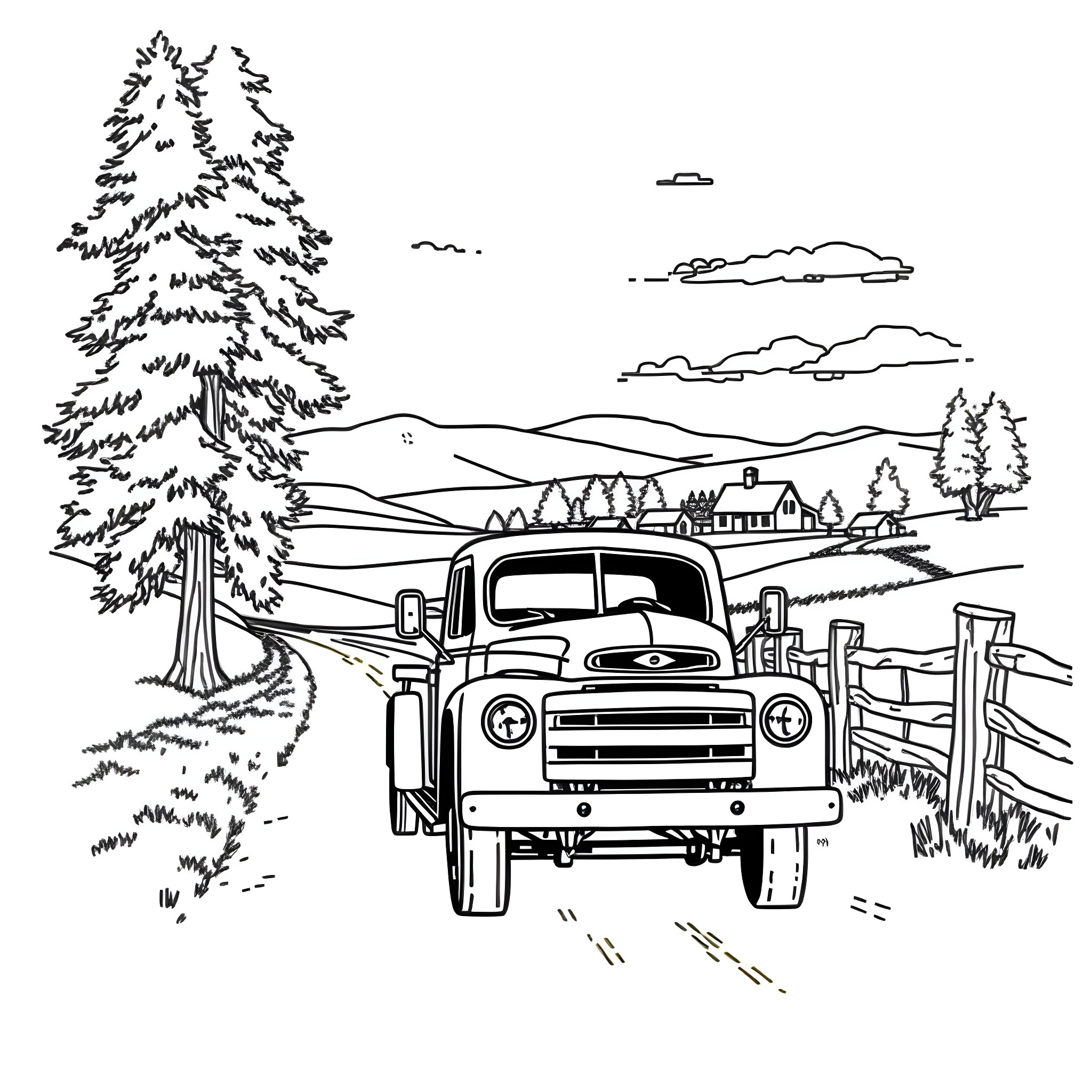 Truck driving through countryside landscape Coloring Page (free black-and-white line drawing printable PDF for all, from beginners to advanced learners, including children, teens, adults, and seniors)