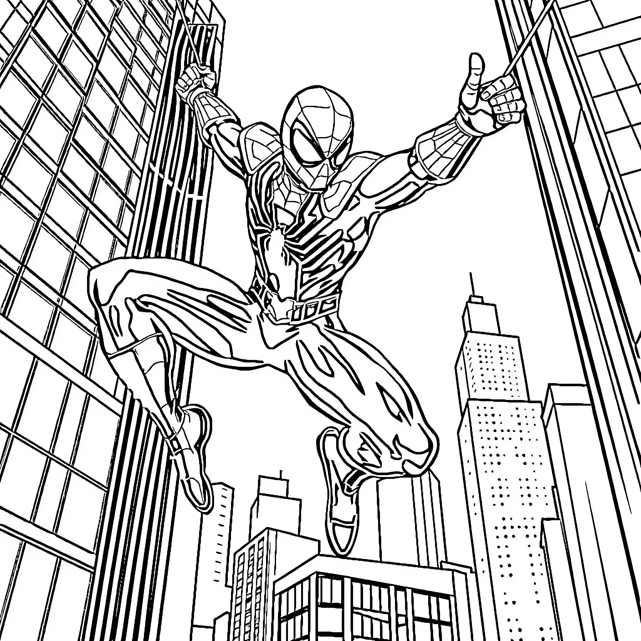 Spider-Mandalorian Leaps Through Futuristic Cityscape Coloring Page (free black-and-white line drawing printable PDF for all, from beginners to advanced learners, including children, teens, adults, and seniors)