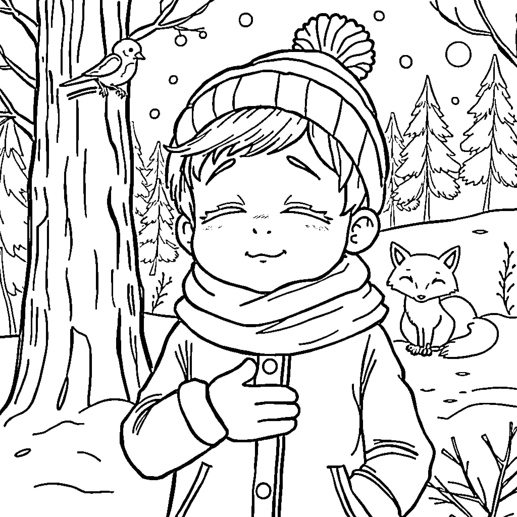 Kid enjoying winter wonderland with woodland friends Coloring Page (free black-and-white line drawing printable PDF for all, from beginners to advanced learners, including children, teens, adults, and seniors)
