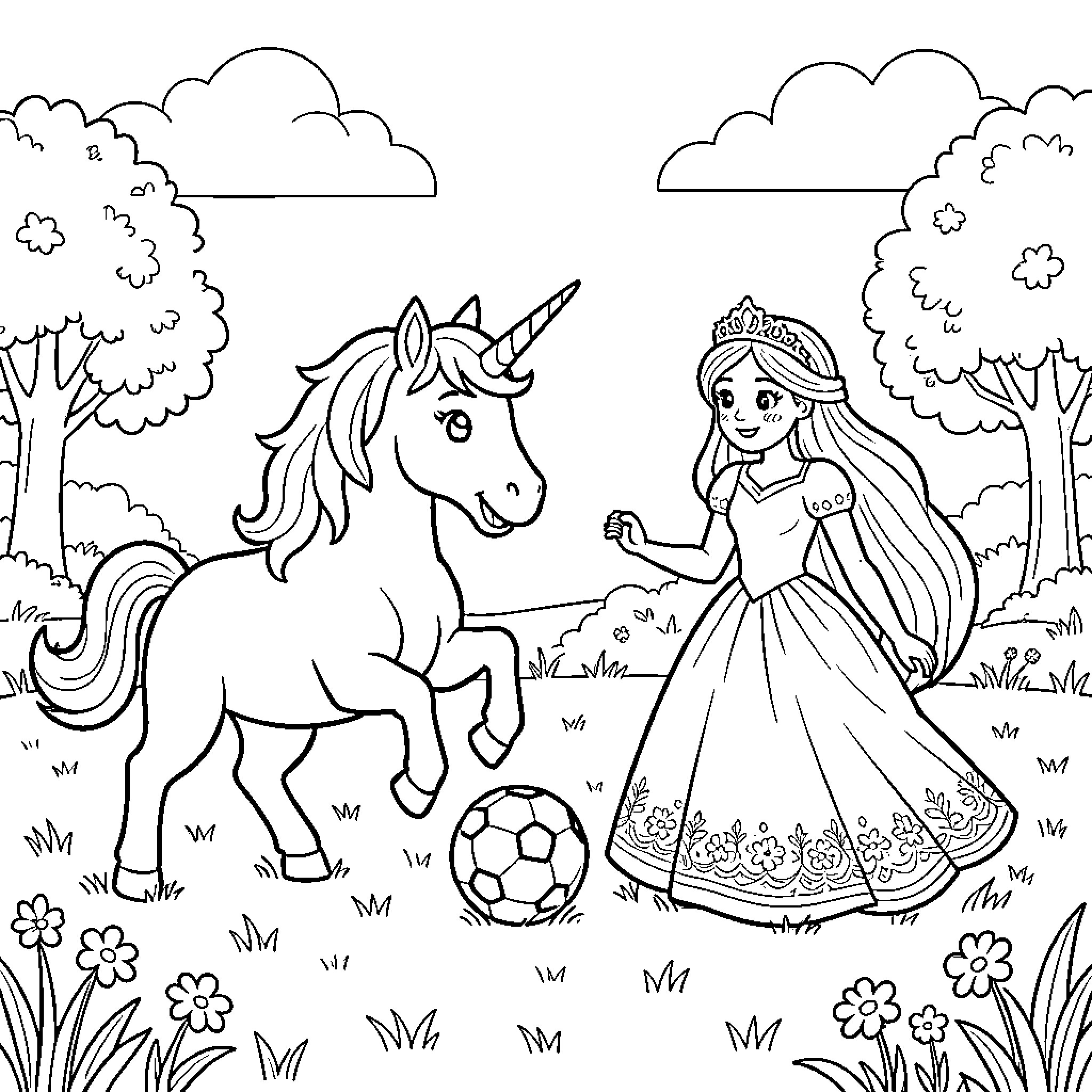 Unicorn playing soccer with a princess in a meadow Coloring Page (free black-and-white line drawing printable PDF for all, from beginners to advanced learners, including children, teens, adults, and seniors)