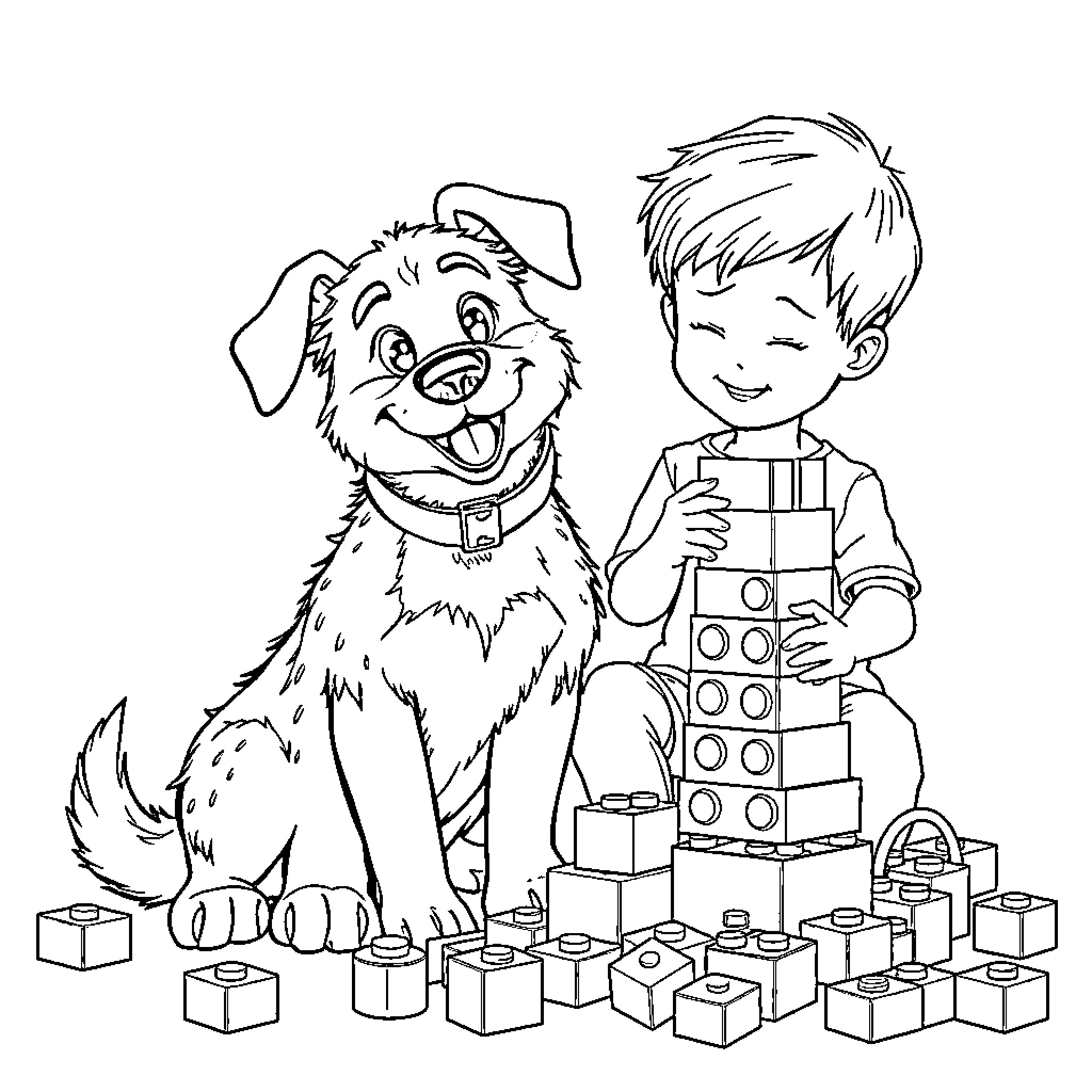 Dog and Boy Playing with Building Blocks Coloring Page (free black-and-white line drawing printable PDF for all, from beginners to advanced learners, including children, teens, adults, and seniors)
