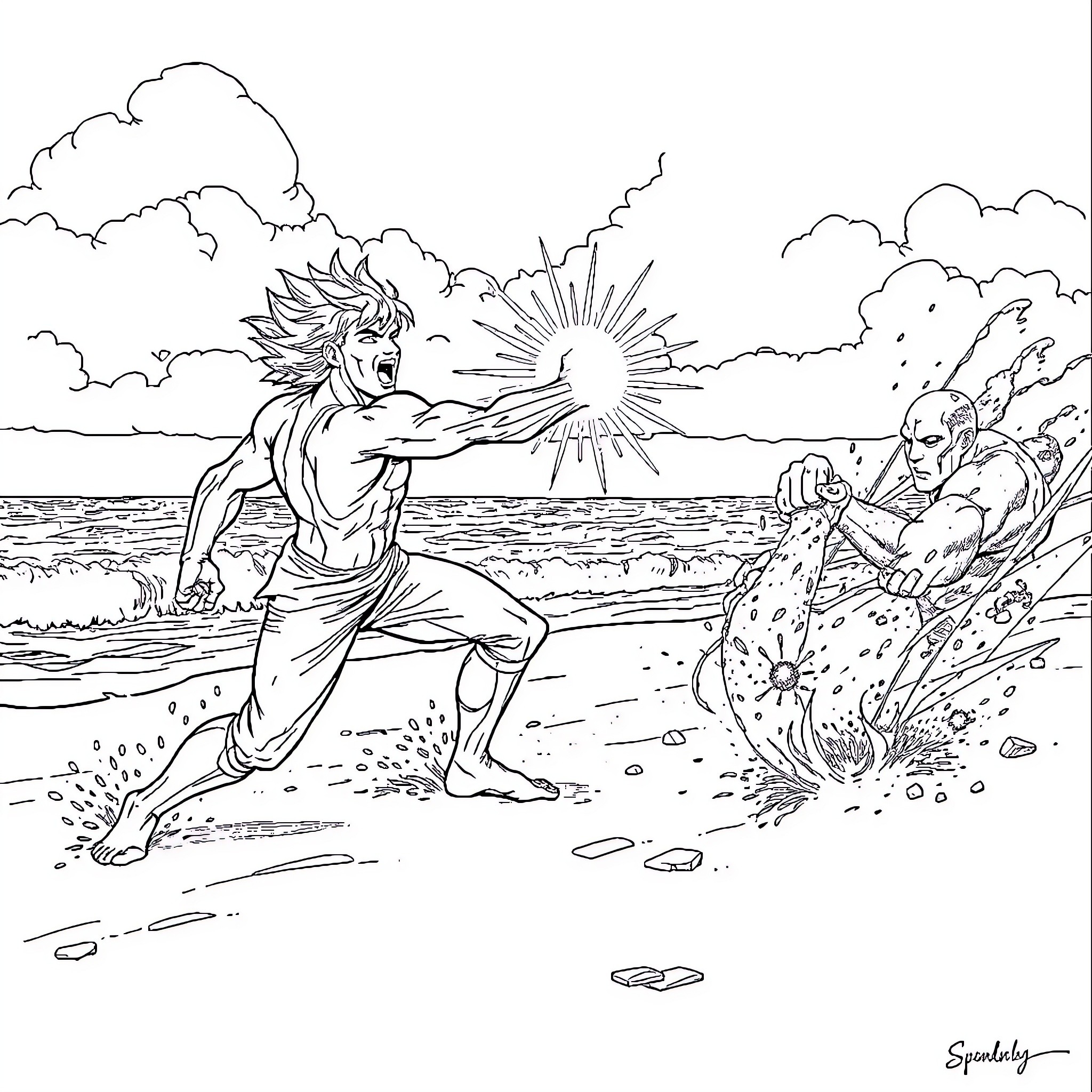Gold Warrior Battling Supernatural Forces on the Beach Coloring Page (free black-and-white line drawing printable PDF for all, from beginners to advanced learners, including children, teens, adults, and seniors)