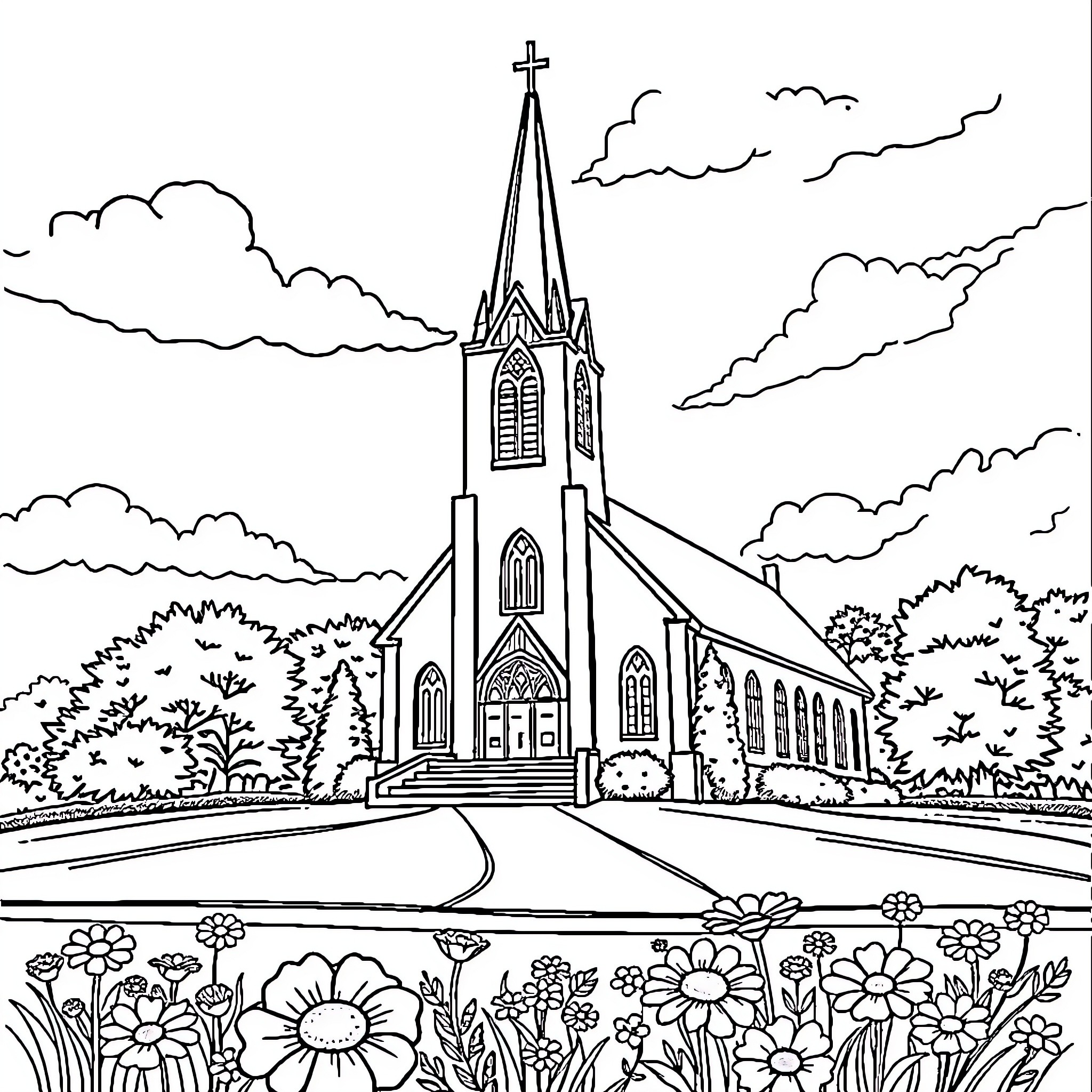 Church with steeple and flowers in the foreground Coloring Page (free black-and-white line drawing printable PDF for all, from beginners to advanced learners, including children, teens, adults, and seniors)