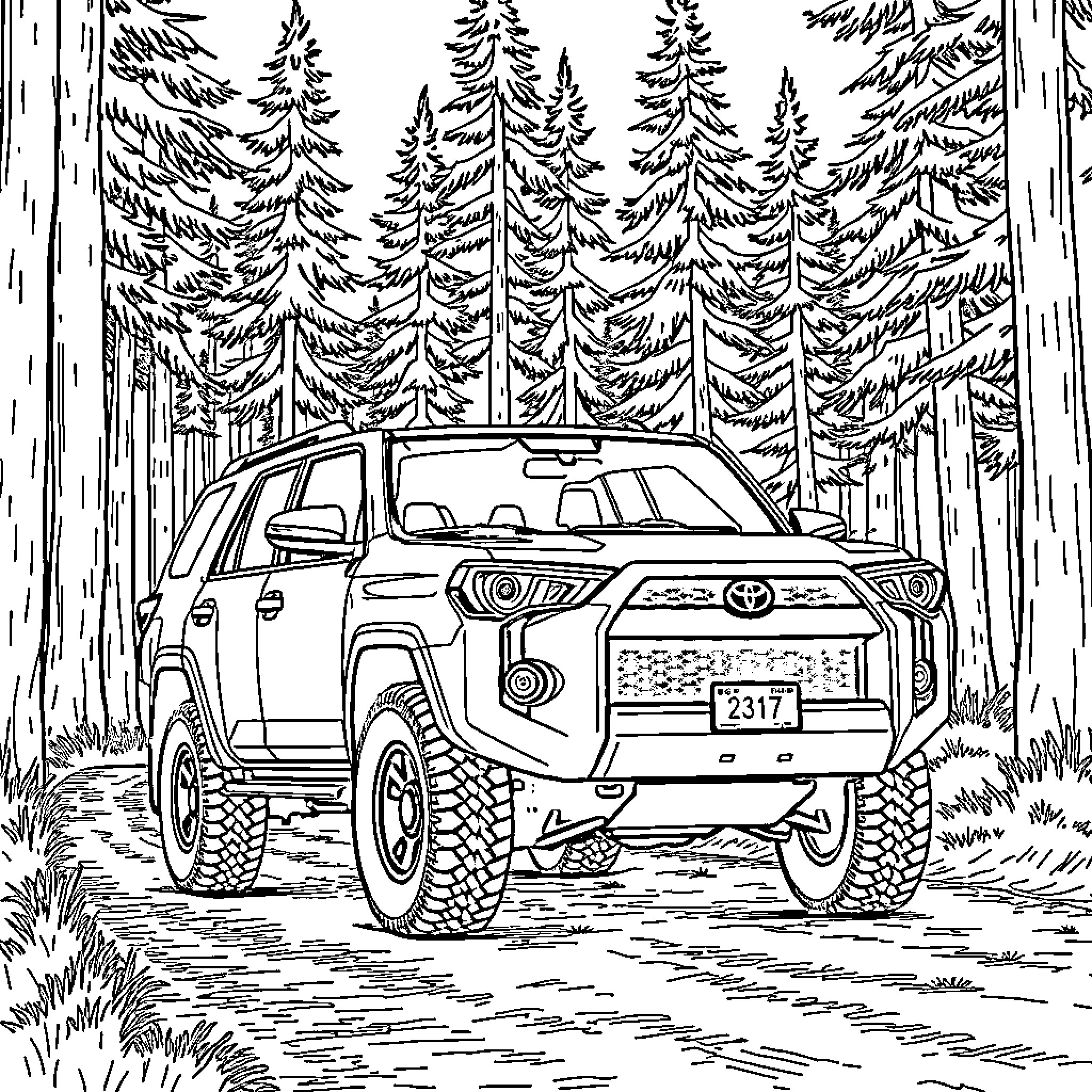 Toyota 4Runner off-road adventure in the forest Coloring Page (free black-and-white line drawing printable PDF for all, from beginners to advanced learners, including children, teens, adults, and seniors)