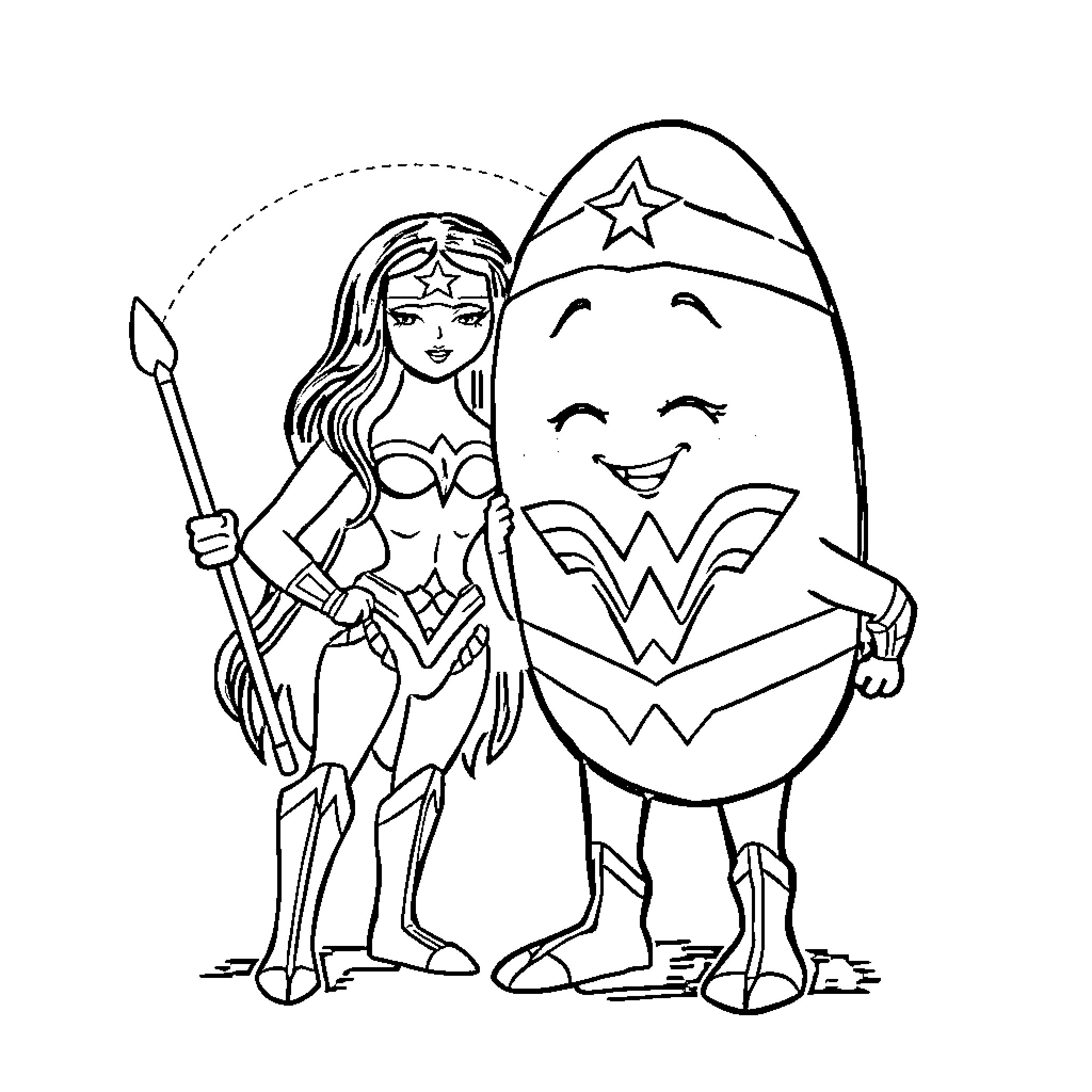 Egg Superheroes in Action Coloring Page (free black-and-white line drawing printable PDF for all, from beginners to advanced learners, including children, teens, adults, and seniors)