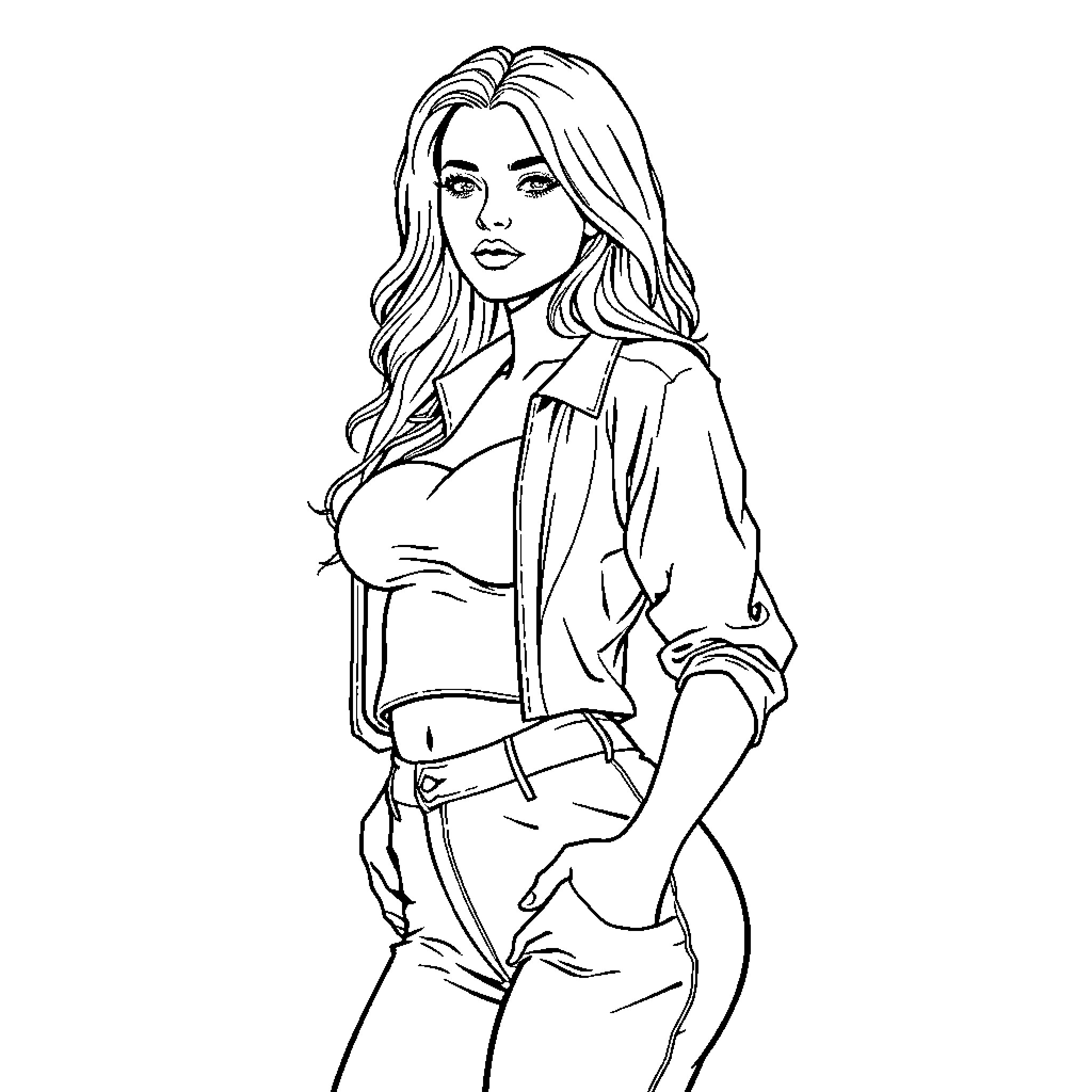 Blonde woman in stylish outfit posing confidently Coloring Page (free black-and-white line drawing printable PDF for all, from beginners to advanced learners, including children, teens, adults, and seniors)