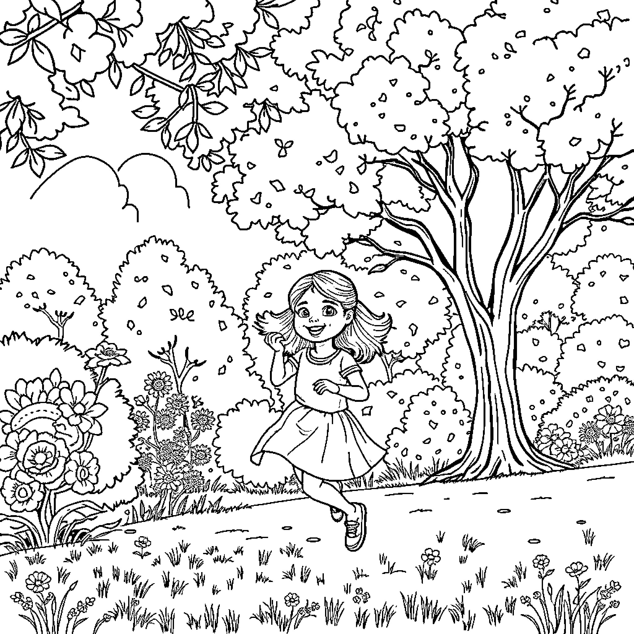 Nina's Peaceful Outdoor Adventure Coloring Page (free black-and-white line drawing printable PDF for all, from beginners to advanced learners, including children, teens, adults, and seniors)