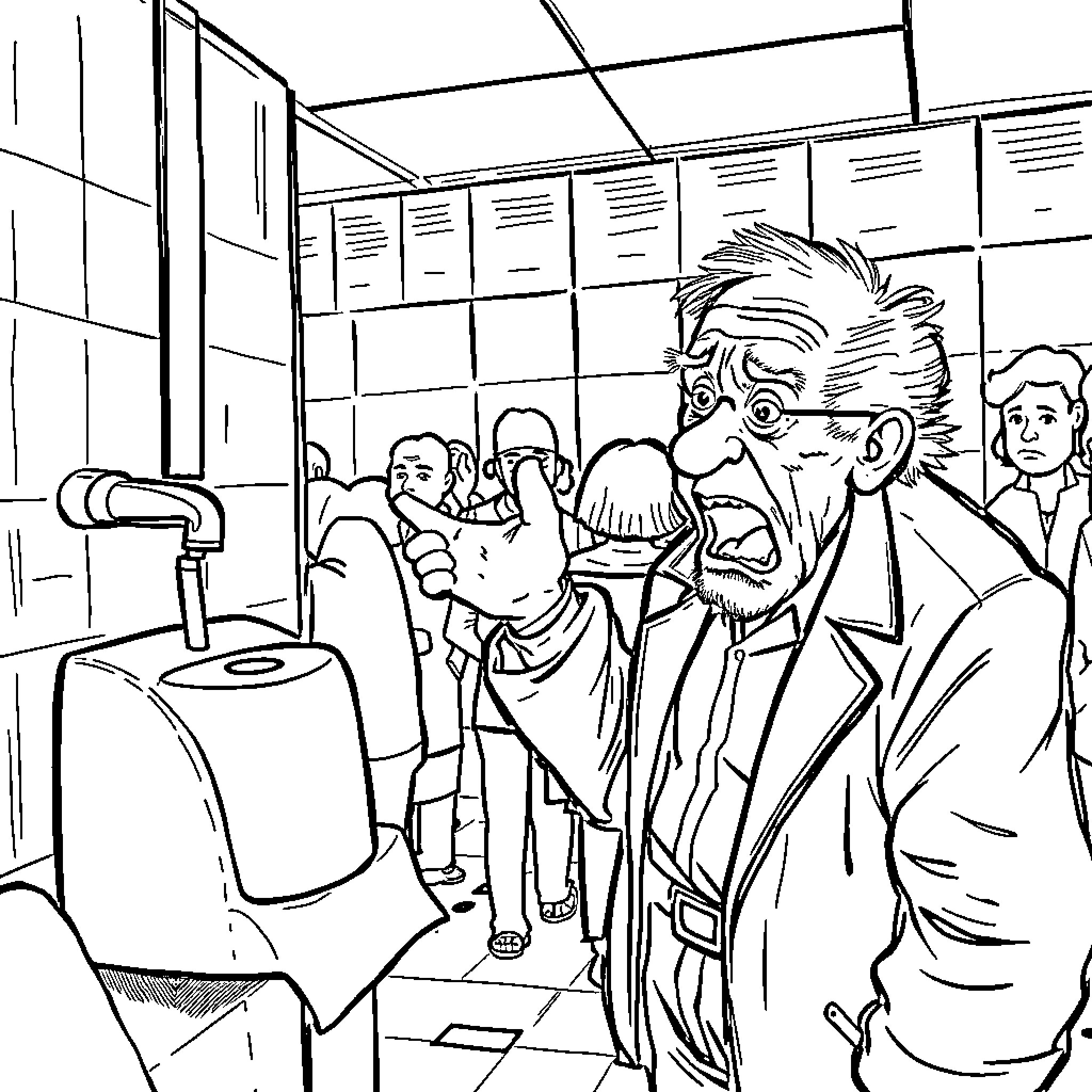 Old Guy Waiting in Line at a Crowded Locker Room Coloring Page (free black-and-white line drawing printable PDF for all, from beginners to advanced learners, including children, teens, adults, and seniors)