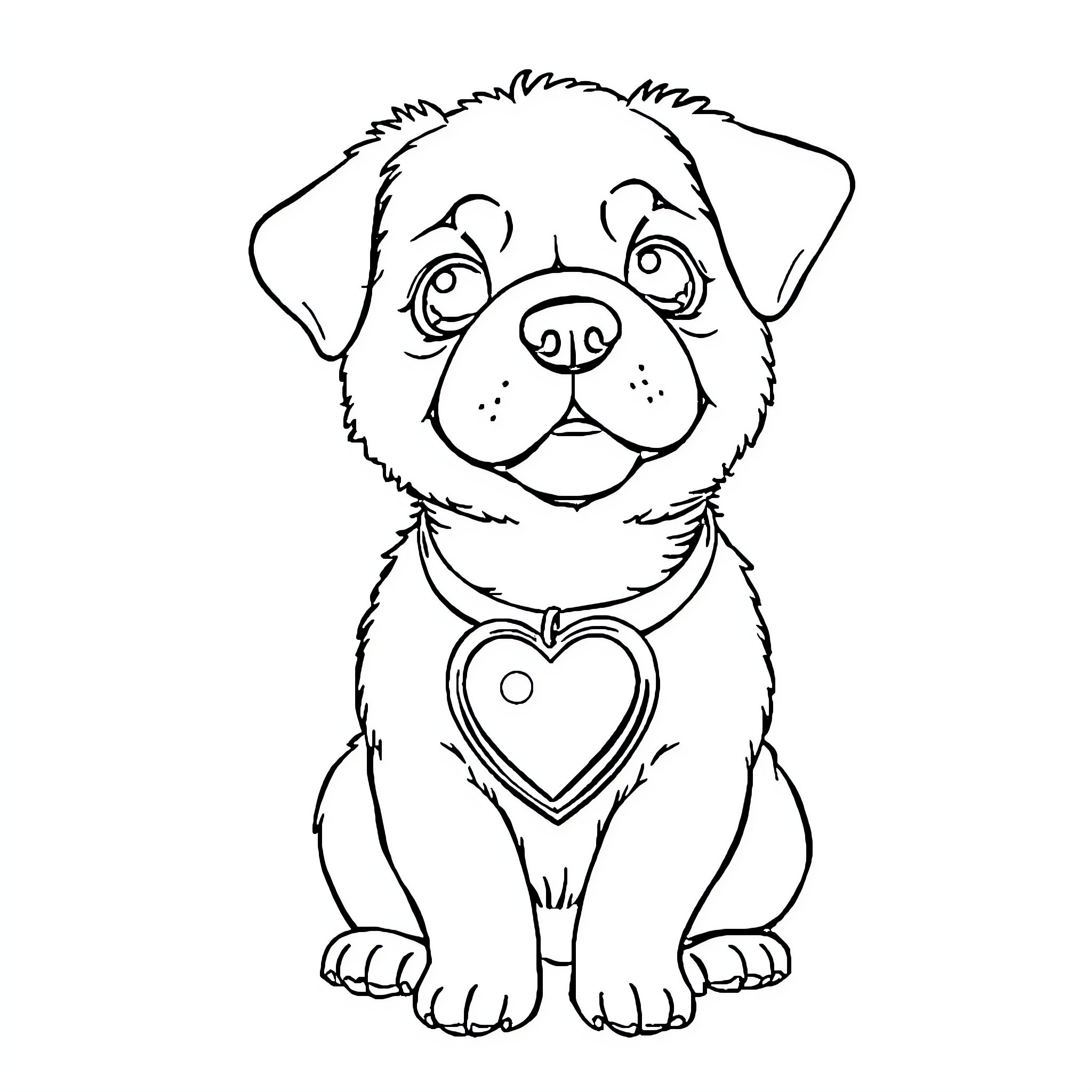Dog with heart-shaped collar sitting happily Coloring Page (free black-and-white line drawing printable PDF for all, from beginners to advanced learners, including children, teens, adults, and seniors)