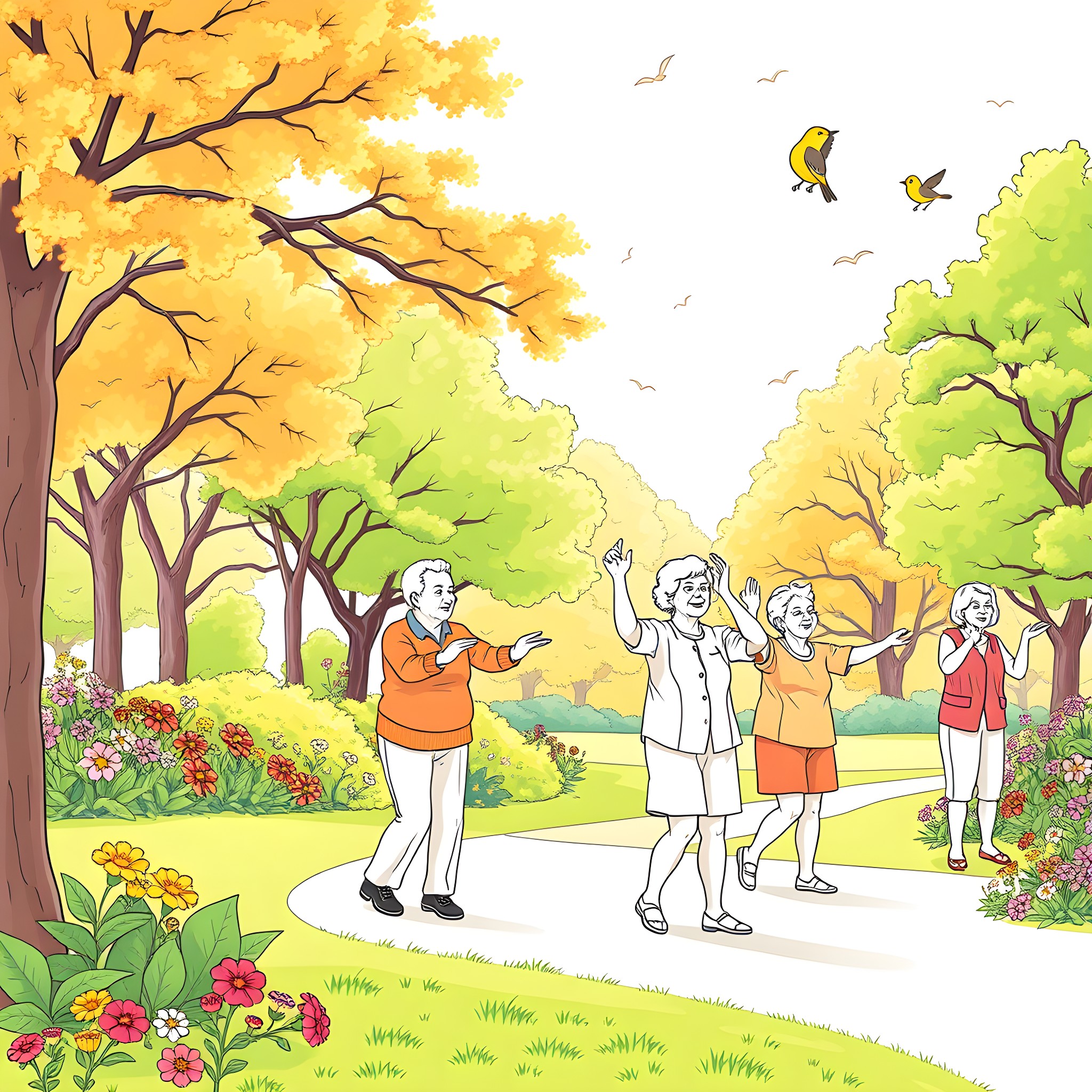 Senior friends enjoying autumn scenery in the park Coloring Page (free black-and-white line drawing printable PDF for all, from beginners to advanced learners, including children, teens, adults, and seniors)