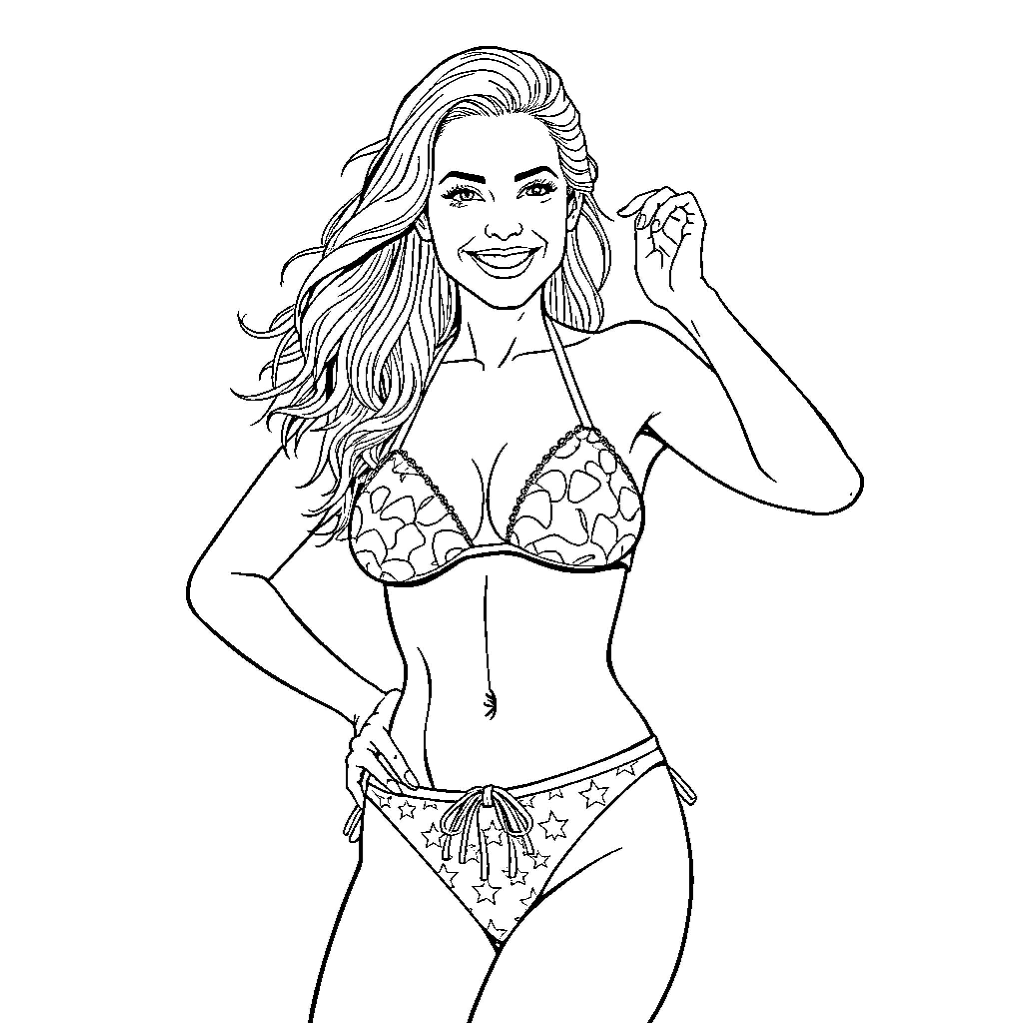 Woman in stylish swimwear posing confidently Coloring Page (free black-and-white line drawing printable PDF for all, from beginners to advanced learners, including children, teens, adults, and seniors)