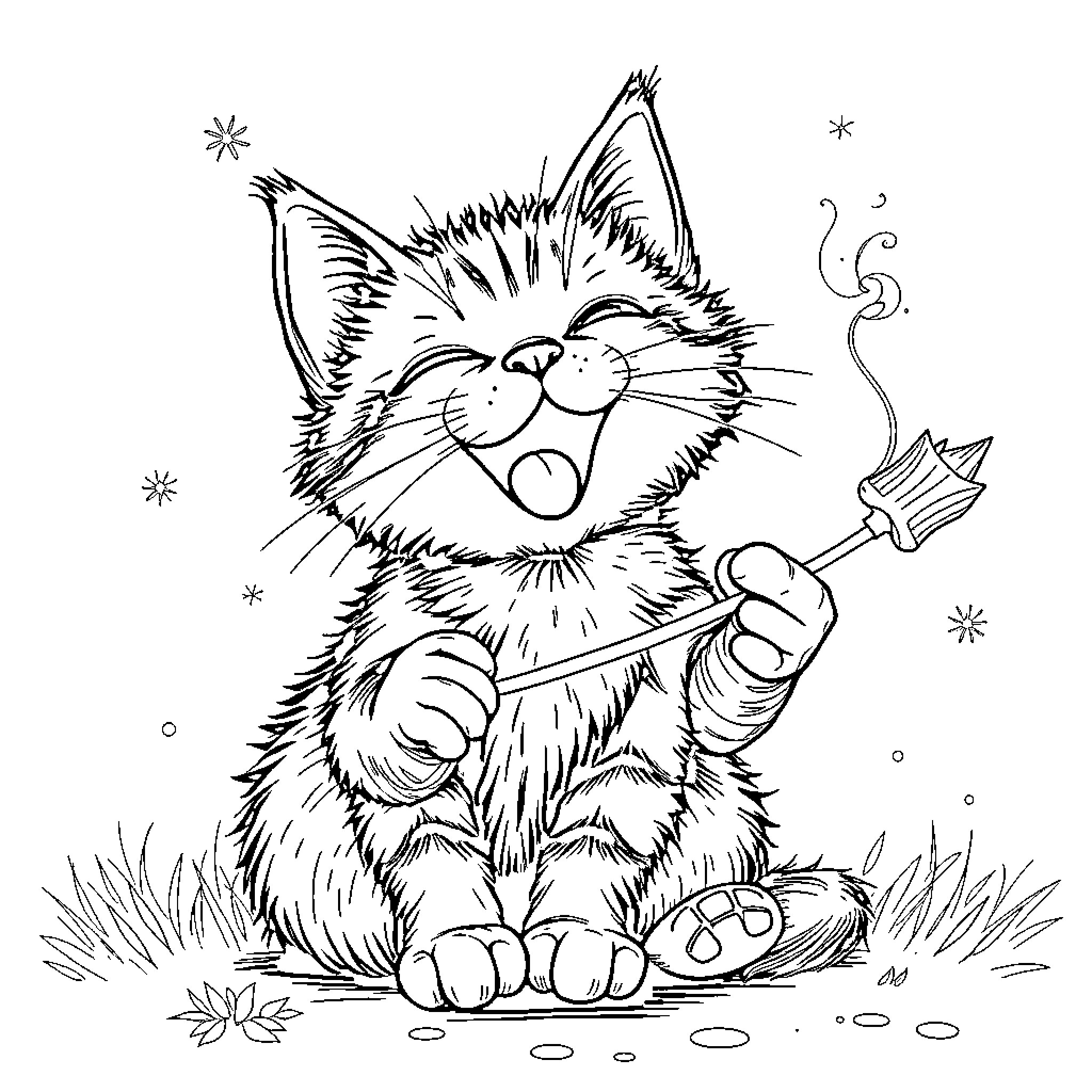 Chat with a happy feline in nature Coloring Page (free black-and-white line drawing printable PDF for all, from beginners to advanced learners, including children, teens, adults, and seniors)