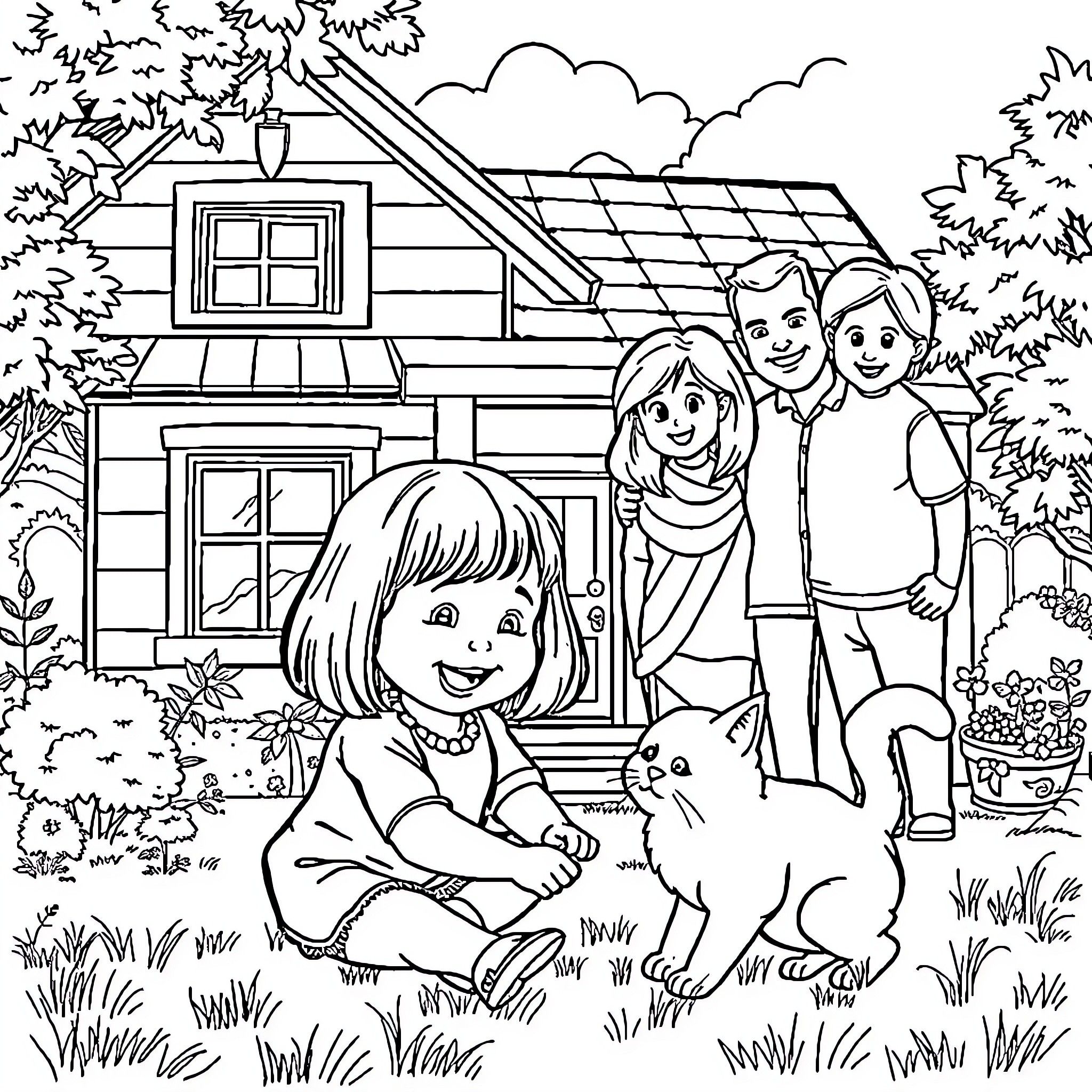 Girl plays with pet near cozy cabin in nature Coloring Page (free black-and-white line drawing printable PDF for all, from beginners to advanced learners, including children, teens, adults, and seniors)