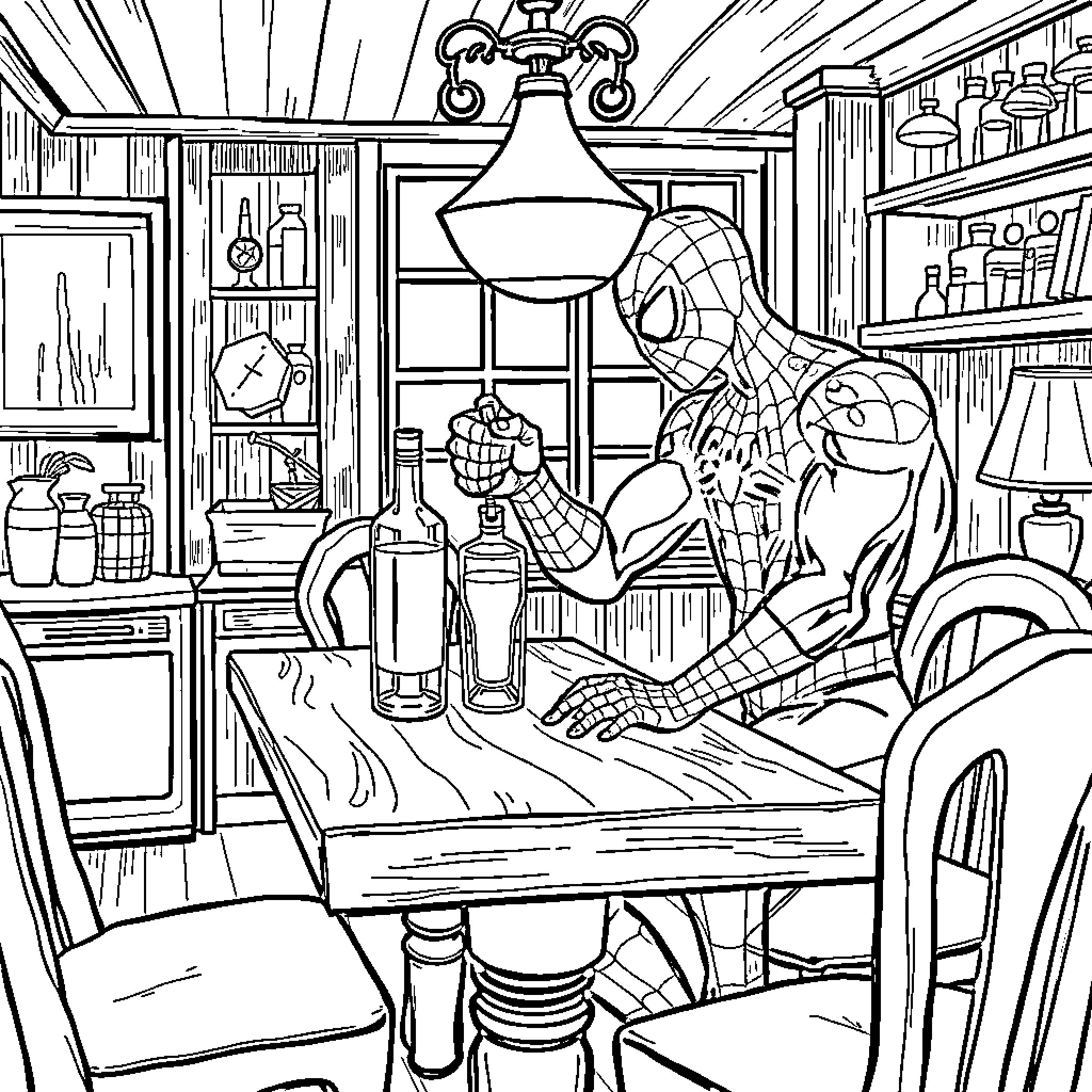 Spidey enjoying a cozy meal in a homey kitchen Coloring Page (free black-and-white line drawing printable PDF for all, from beginners to advanced learners, including children, teens, adults, and seniors)
