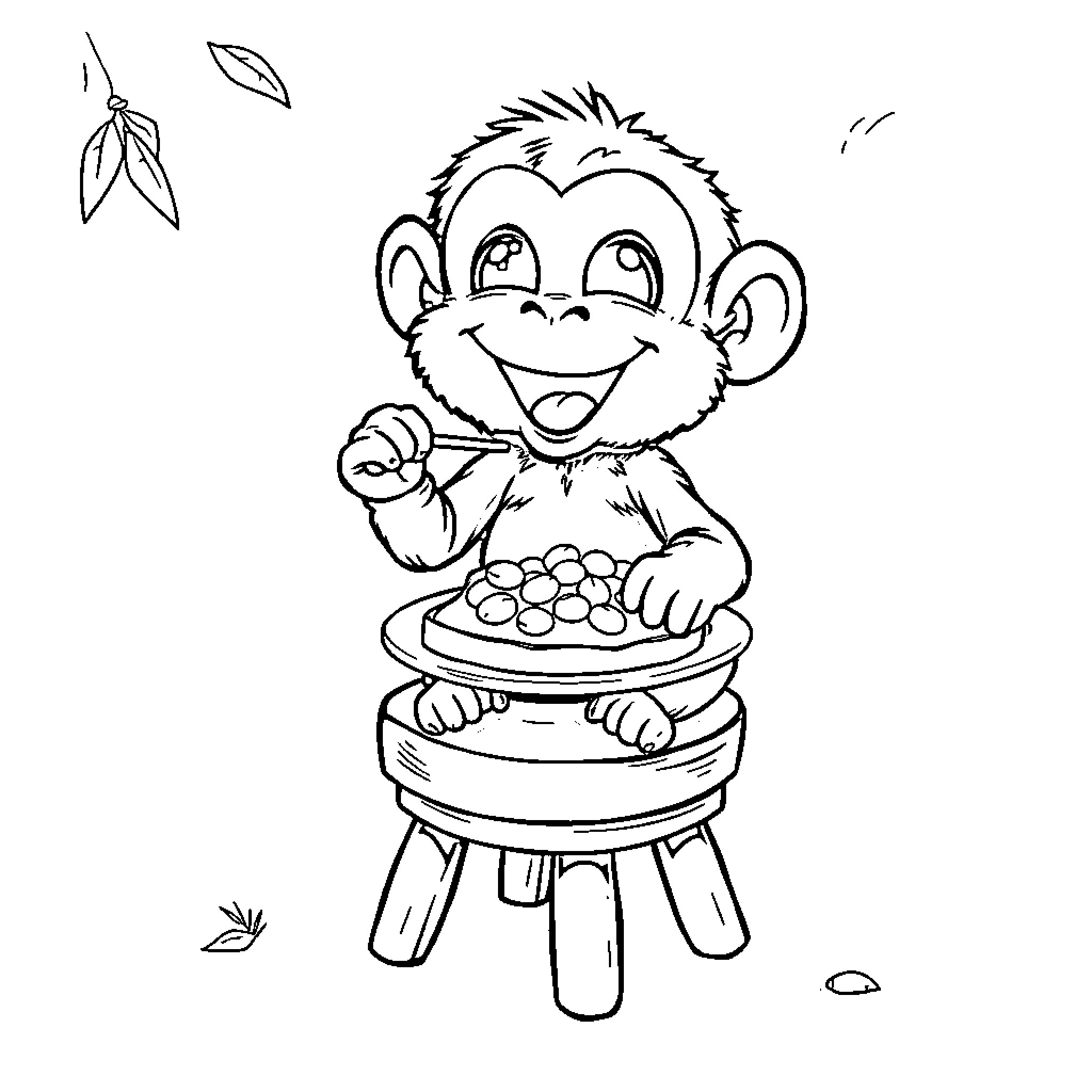 Monkey happily cooking on a stove Coloring Page (free black-and-white line drawing printable PDF for all, from beginners to advanced learners, including children, teens, adults, and seniors)