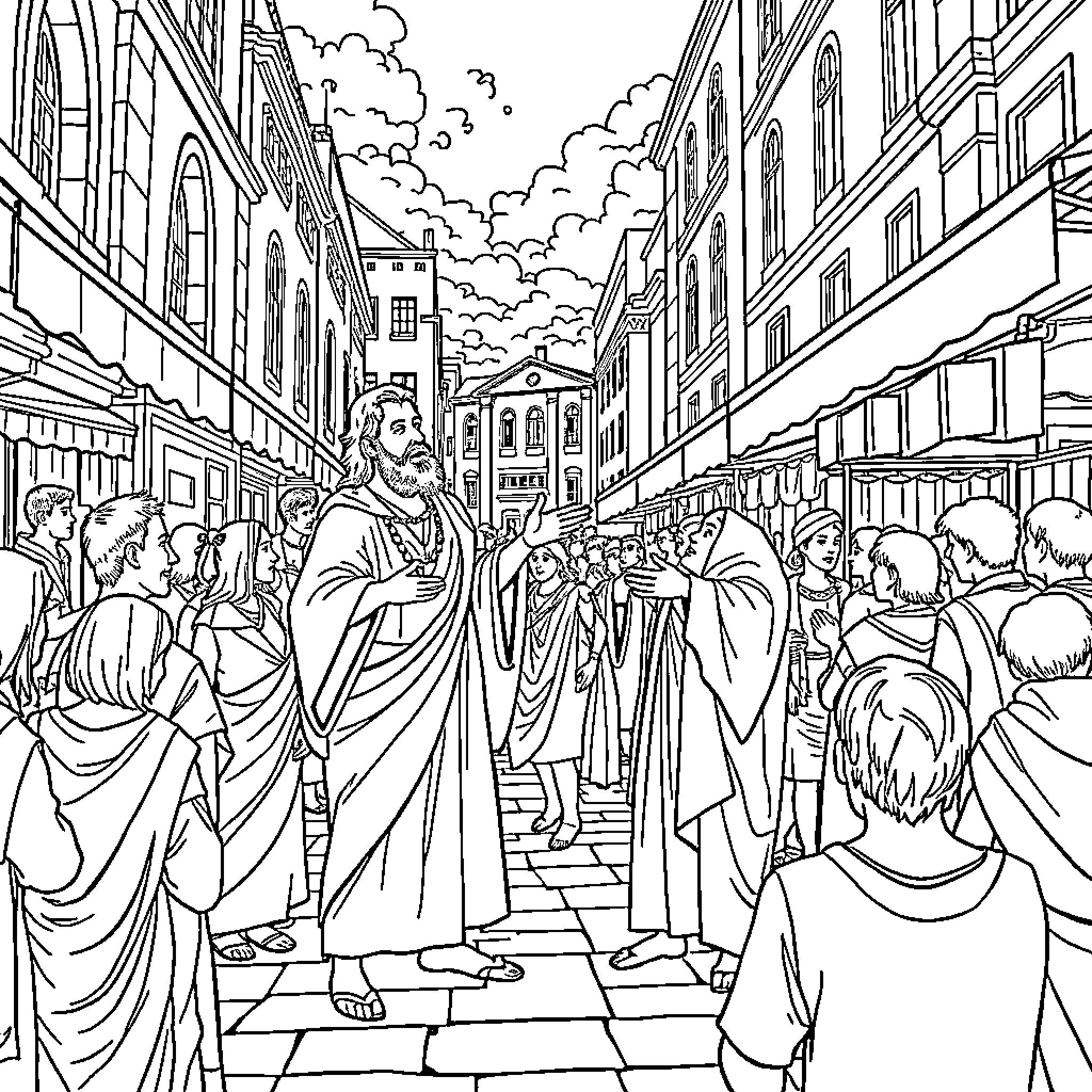 Apostle Preaching to the Crowd on the City Street Coloring Page (free black-and-white line drawing printable PDF for all, from beginners to advanced learners, including children, teens, adults, and seniors)