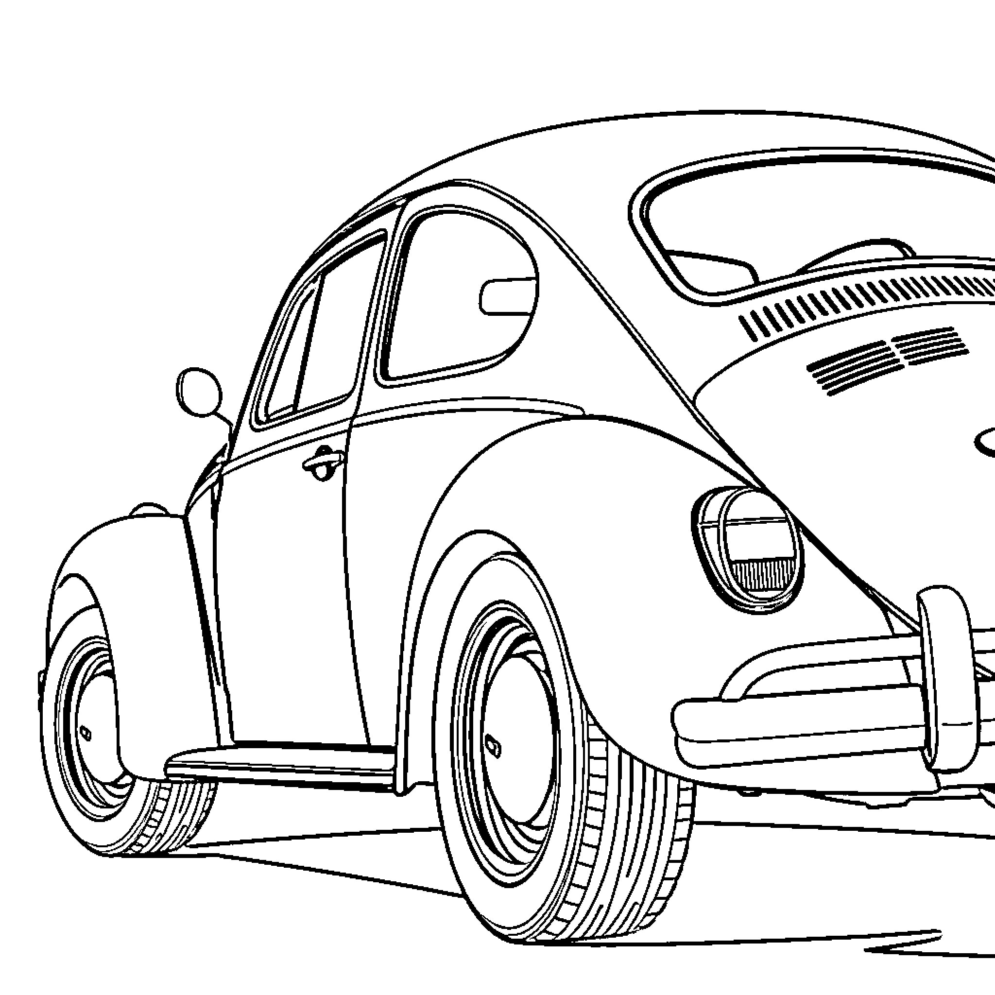 Volkswagen Beetle parked on the street Coloring Page (free black-and-white line drawing printable PDF for all, from beginners to advanced learners, including children, teens, adults, and seniors)