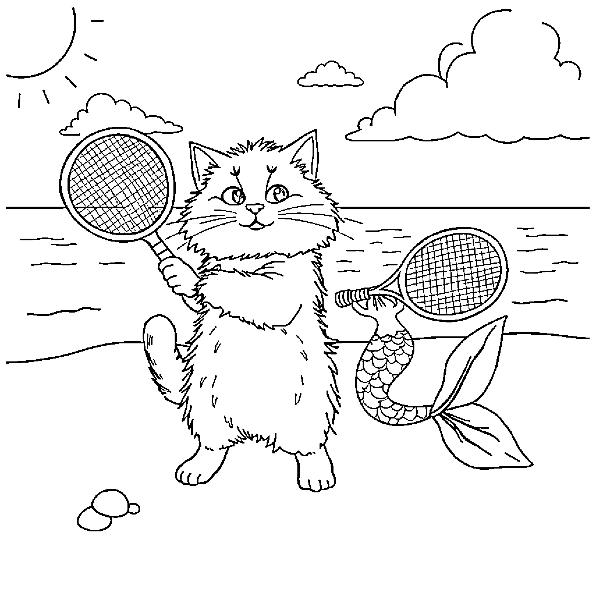 Cat playing with tennis rackets on the beach Coloring Page (free black-and-white line drawing printable PDF for all, from beginners to advanced learners, including children, teens, adults, and seniors)