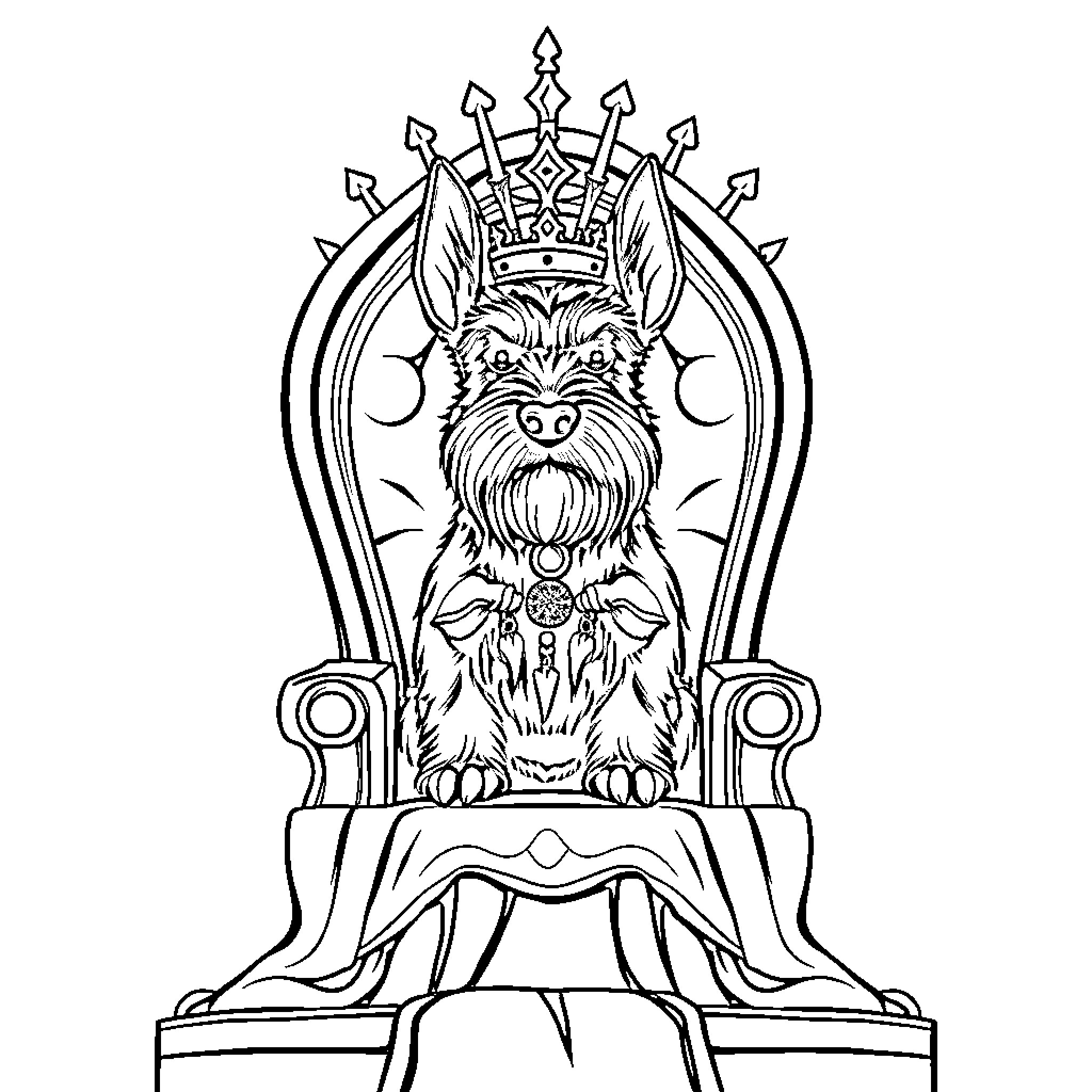 Schnauzer regal ruler on elaborate throne Coloring Page (free black-and-white line drawing printable PDF for all, from beginners to advanced learners, including children, teens, adults, and seniors)