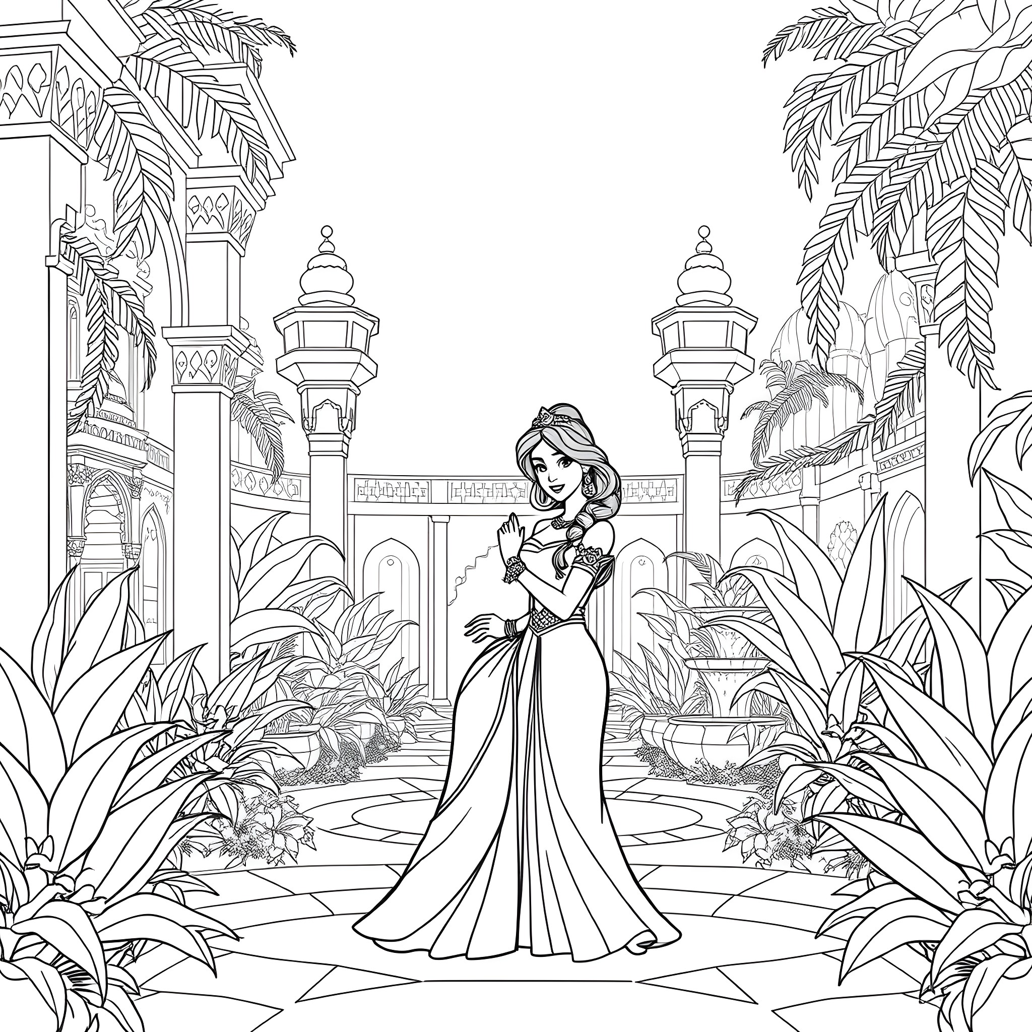 Jasmine exploring the enchanting palace gardens Coloring Page (free black-and-white line drawing printable PDF for all, from beginners to advanced learners, including children, teens, adults, and seniors)