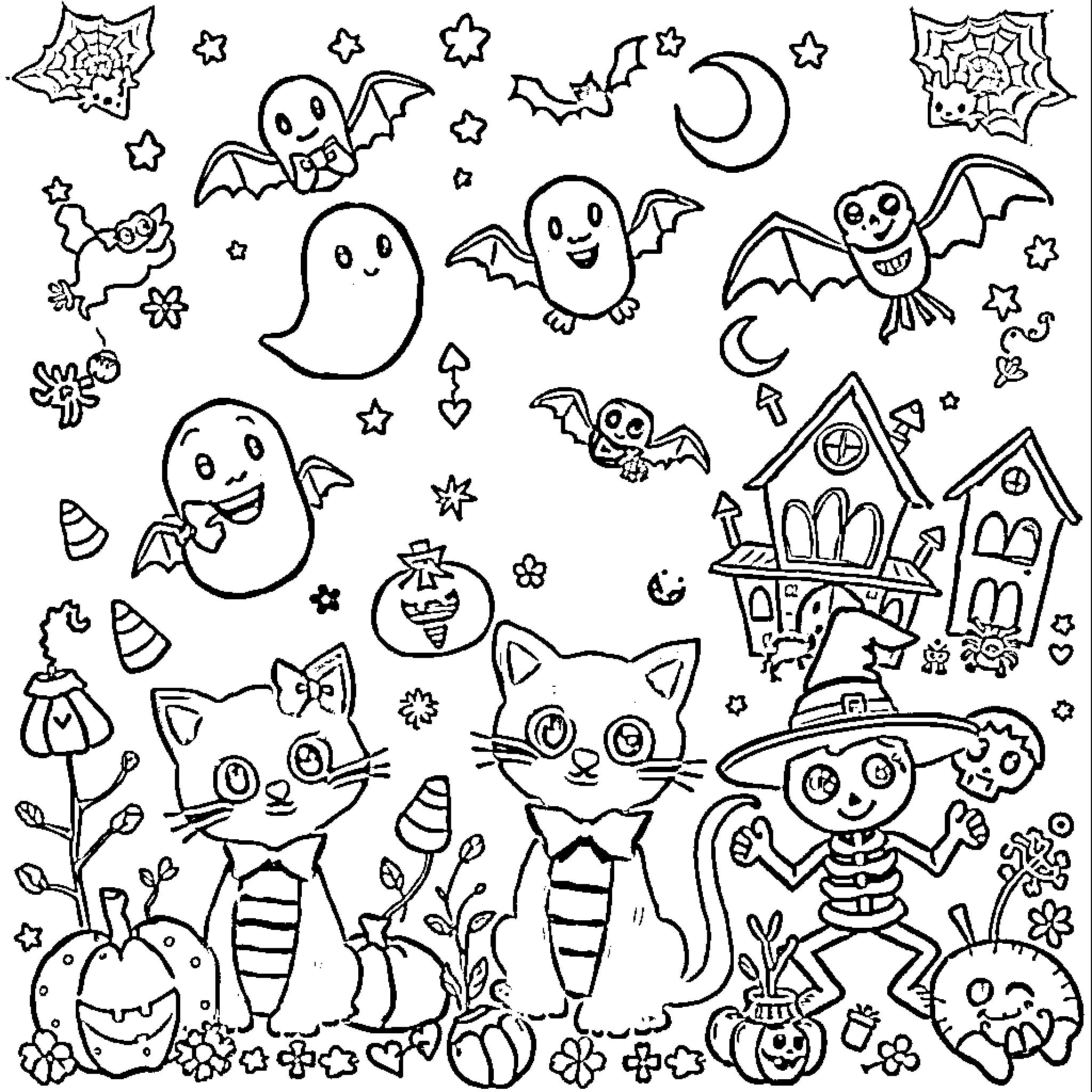 Halloween Fun with Friendly Ghosts and Creatures Coloring Page (free black-and-white line drawing printable PDF for all, from beginners to advanced learners, including children, teens, adults, and seniors)