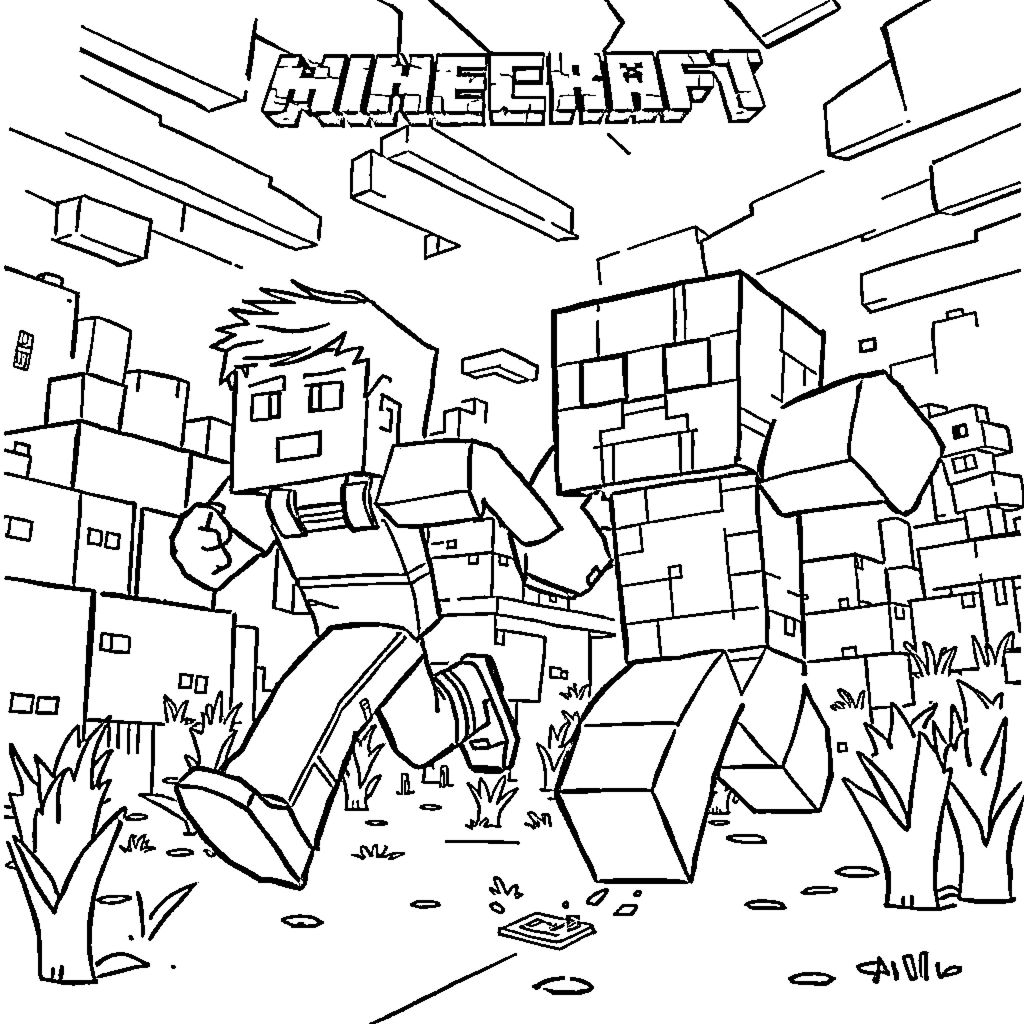 Saja Boy exploring the blocky Minecraft world Coloring Page (free black-and-white line drawing printable PDF for all, from beginners to advanced learners, including children, teens, adults, and seniors)
