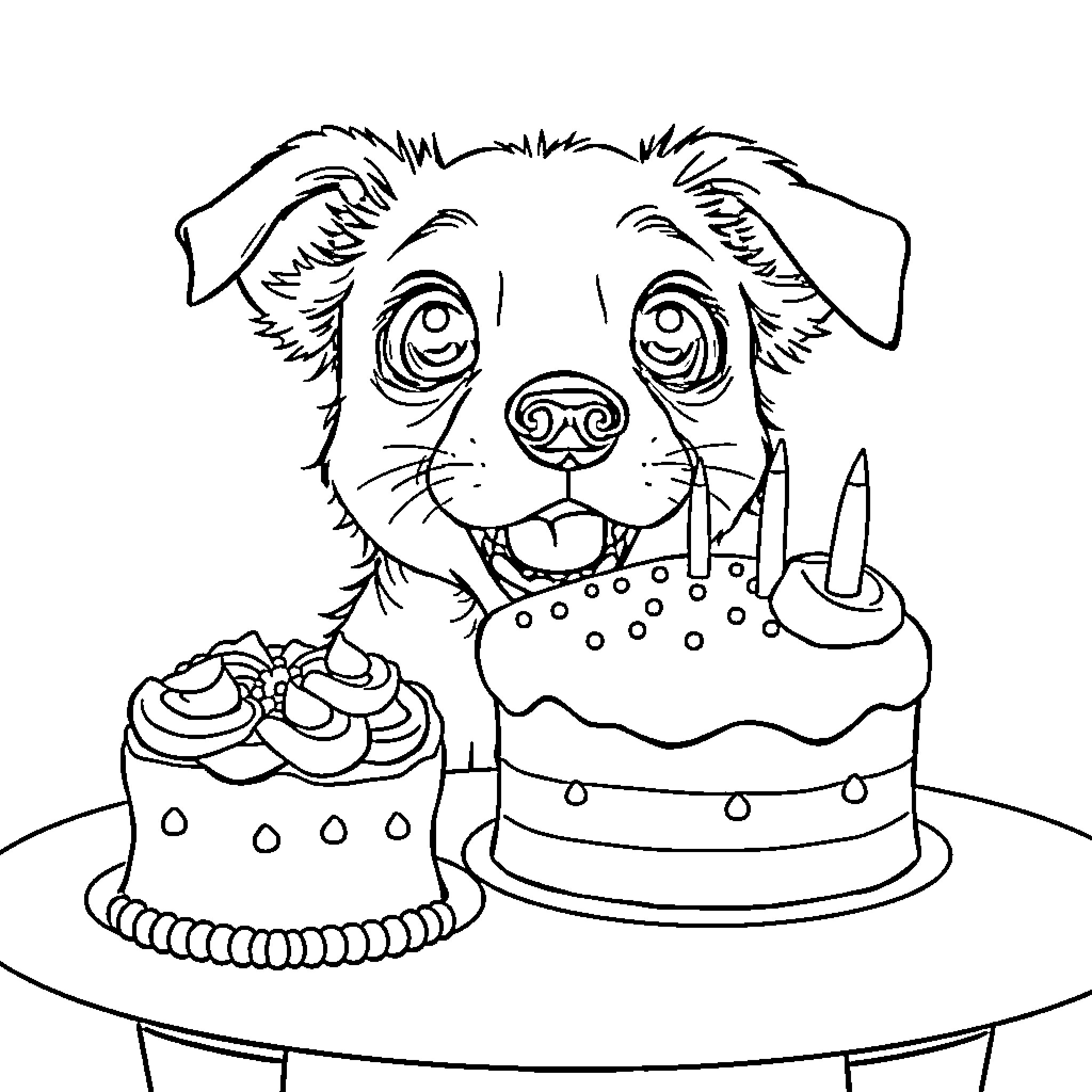 Dog Celebrating Birthday with Cake Coloring Page (free black-and-white line drawing printable PDF for all, from beginners to advanced learners, including children, teens, adults, and seniors)