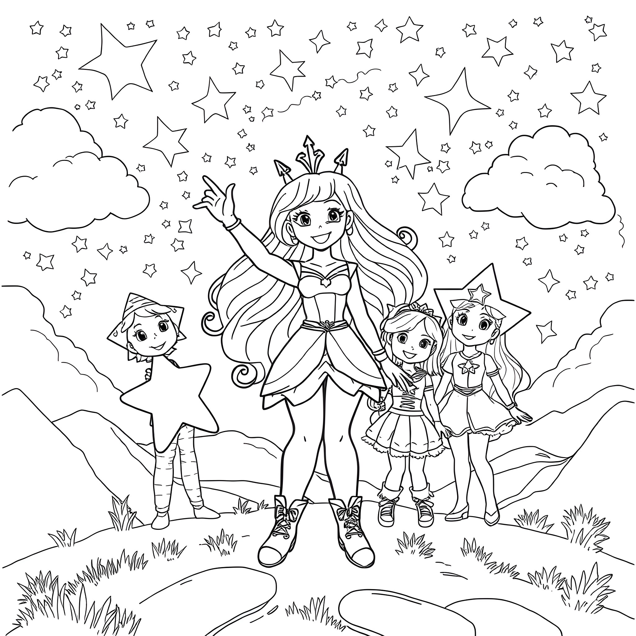 Rainbow Brite and her friends in a starry night adventure Coloring Page (free black-and-white line drawing printable PDF for all, from beginners to advanced learners, including children, teens, adults, and seniors)