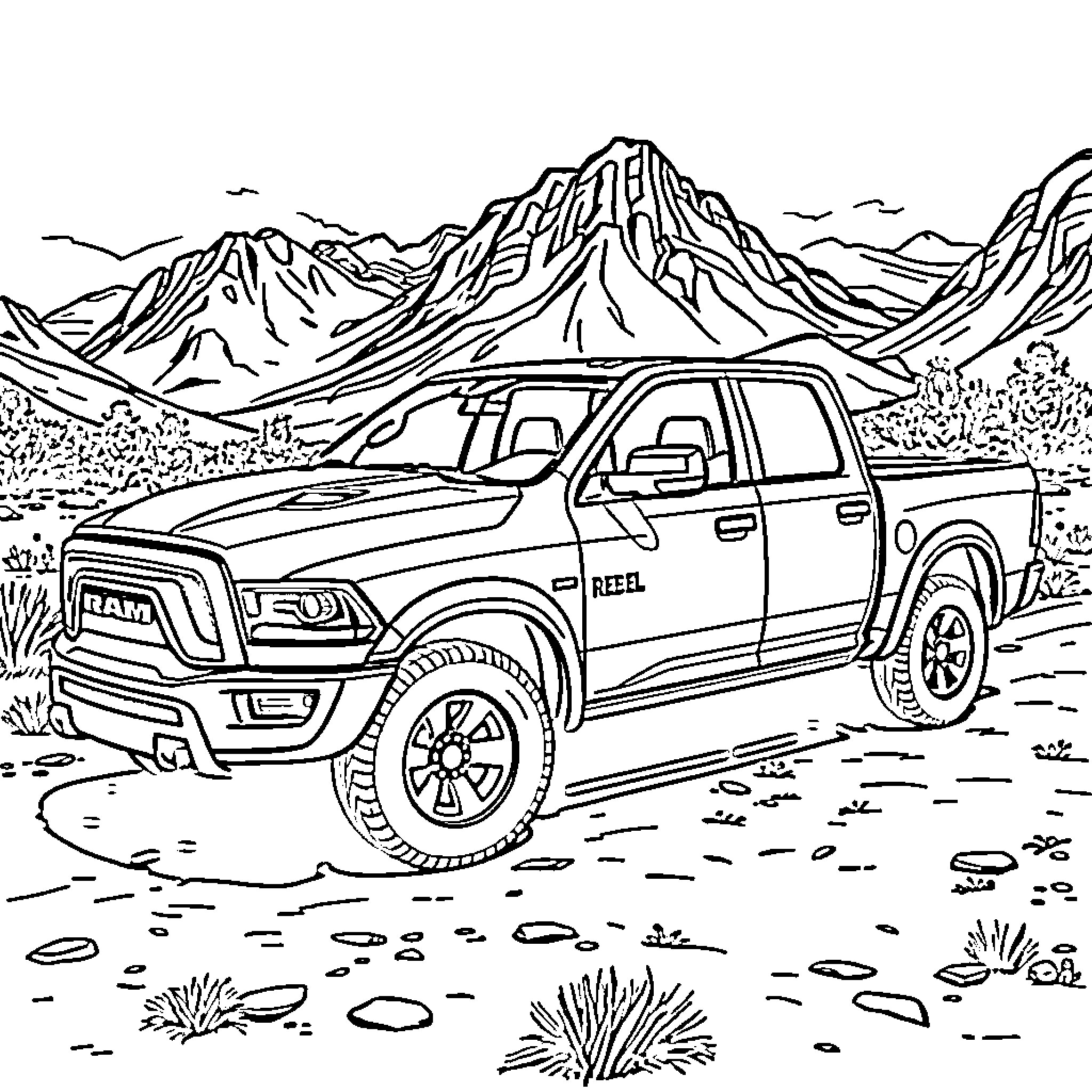 Ram truck traversing rugged mountainous terrain Coloring Page (free black-and-white line drawing printable PDF for all, from beginners to advanced learners, including children, teens, adults, and seniors)