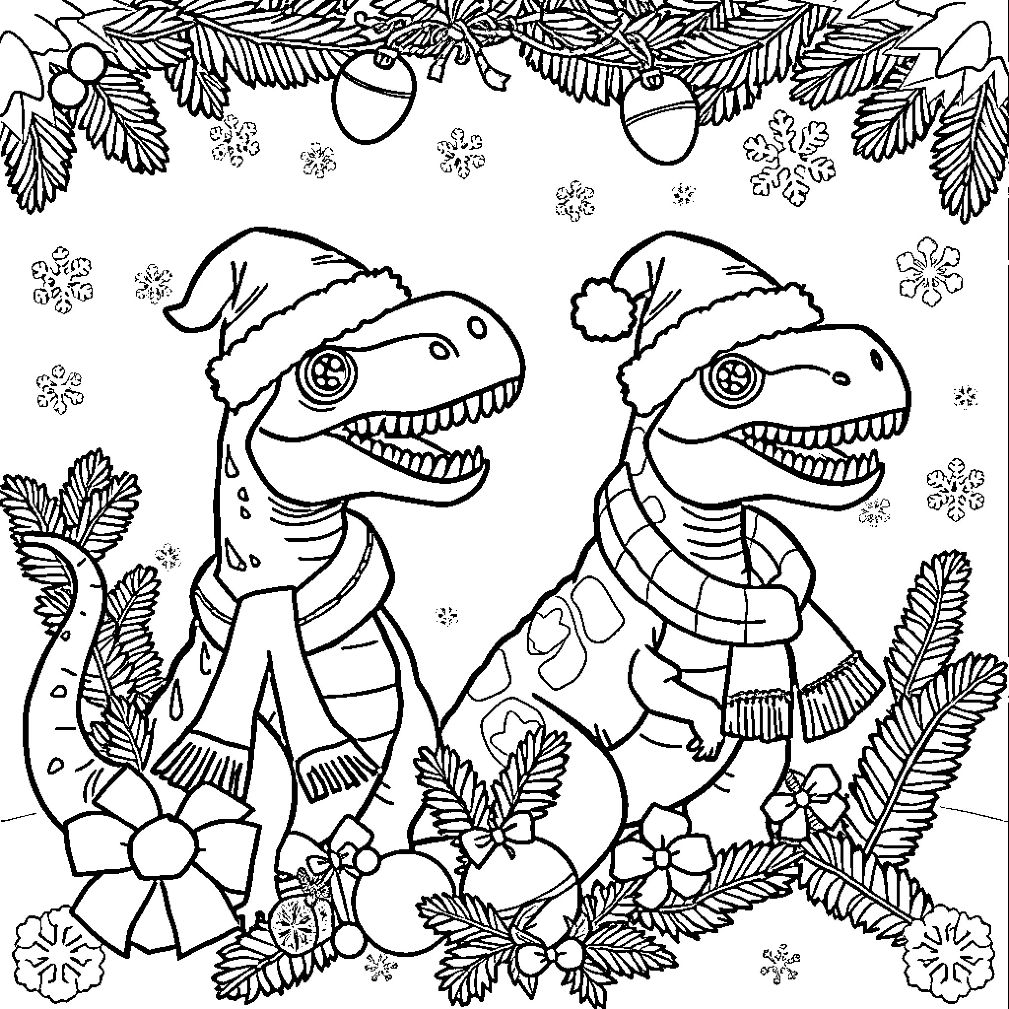 Dinosaurs Dressed for the Winter Holidays Coloring Page (free black-and-white line drawing printable PDF for all, from beginners to advanced learners, including children, teens, adults, and seniors)