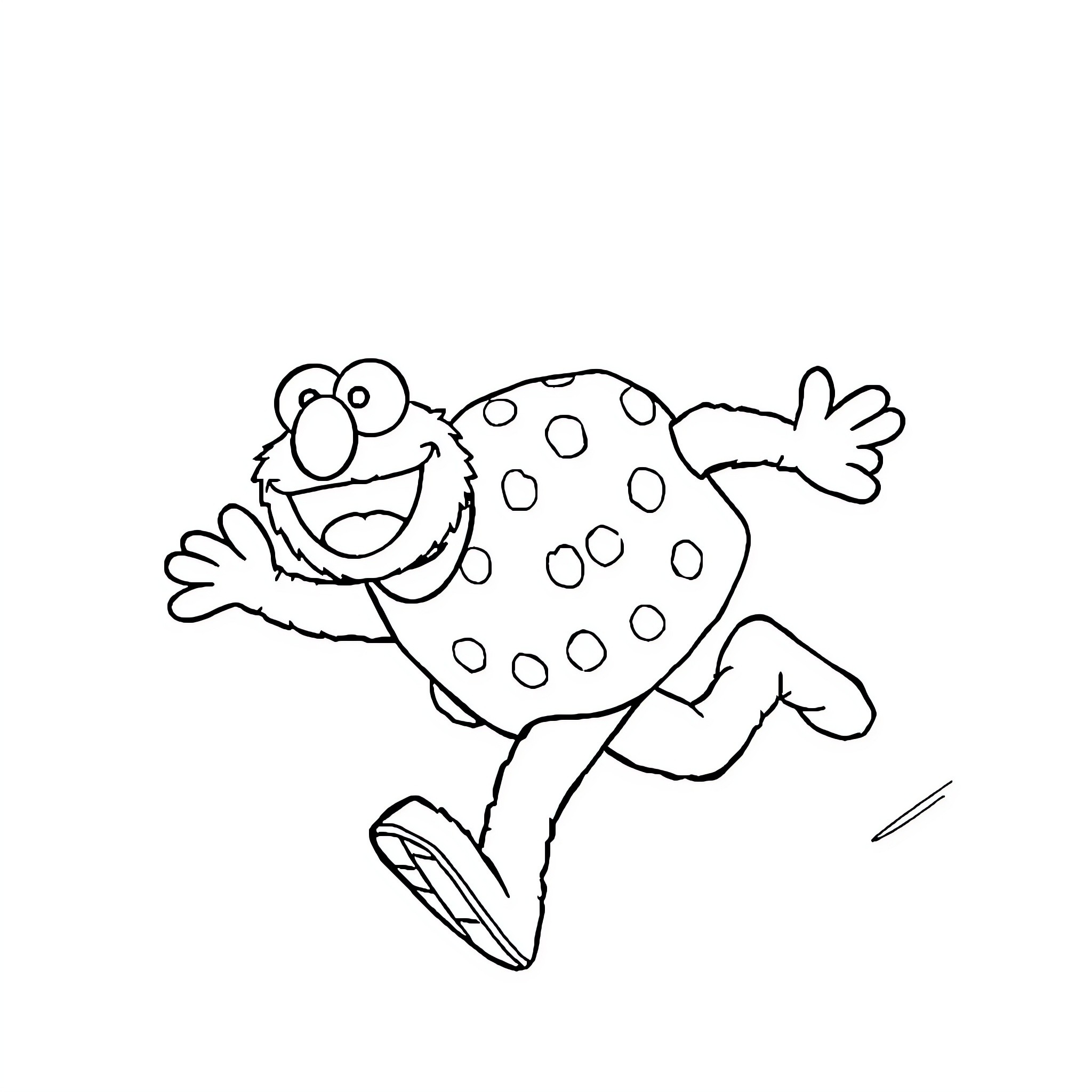 Cookie Monster running playfully in a spotted outfit Coloring Page (free black-and-white line drawing printable PDF for all, from beginners to advanced learners, including children, teens, adults, and seniors)