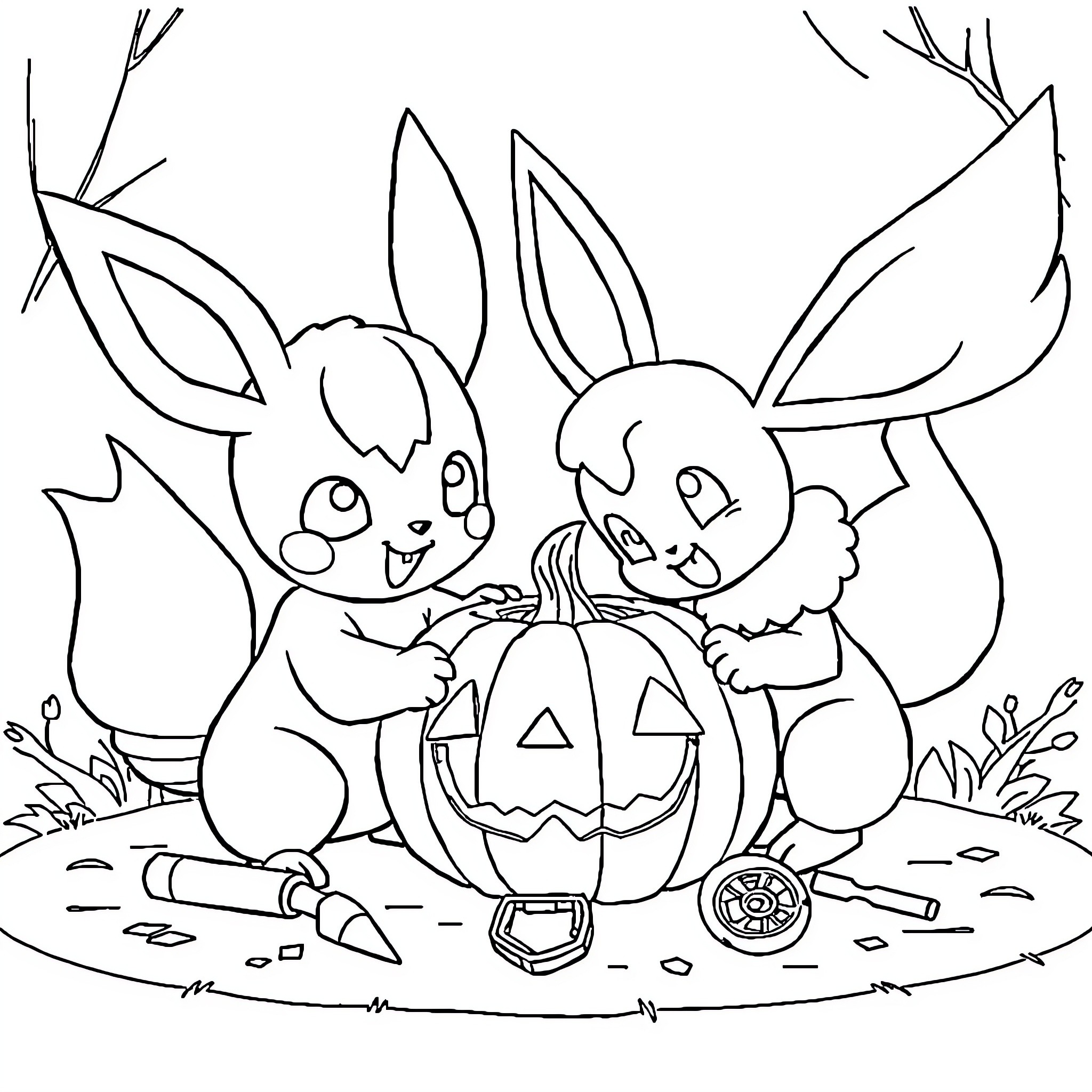 Mimikyu preparing for Halloween with pumpkin Coloring Page (free black-and-white line drawing printable PDF for all, from beginners to advanced learners, including children, teens, adults, and seniors)