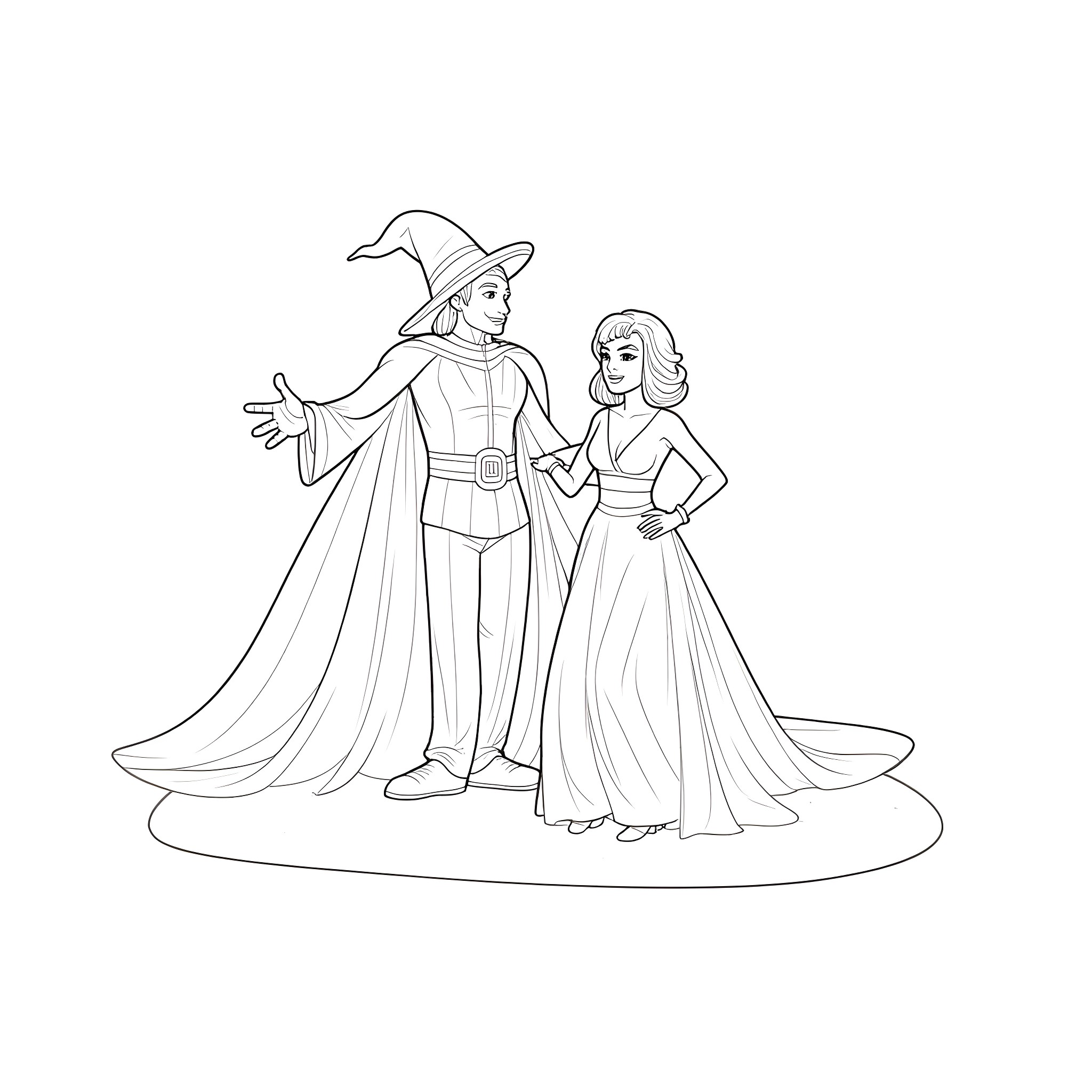 Orko and the Princess in Elegant Attire Coloring Page (free black-and-white line drawing printable PDF for all, from beginners to advanced learners, including children, teens, adults, and seniors)