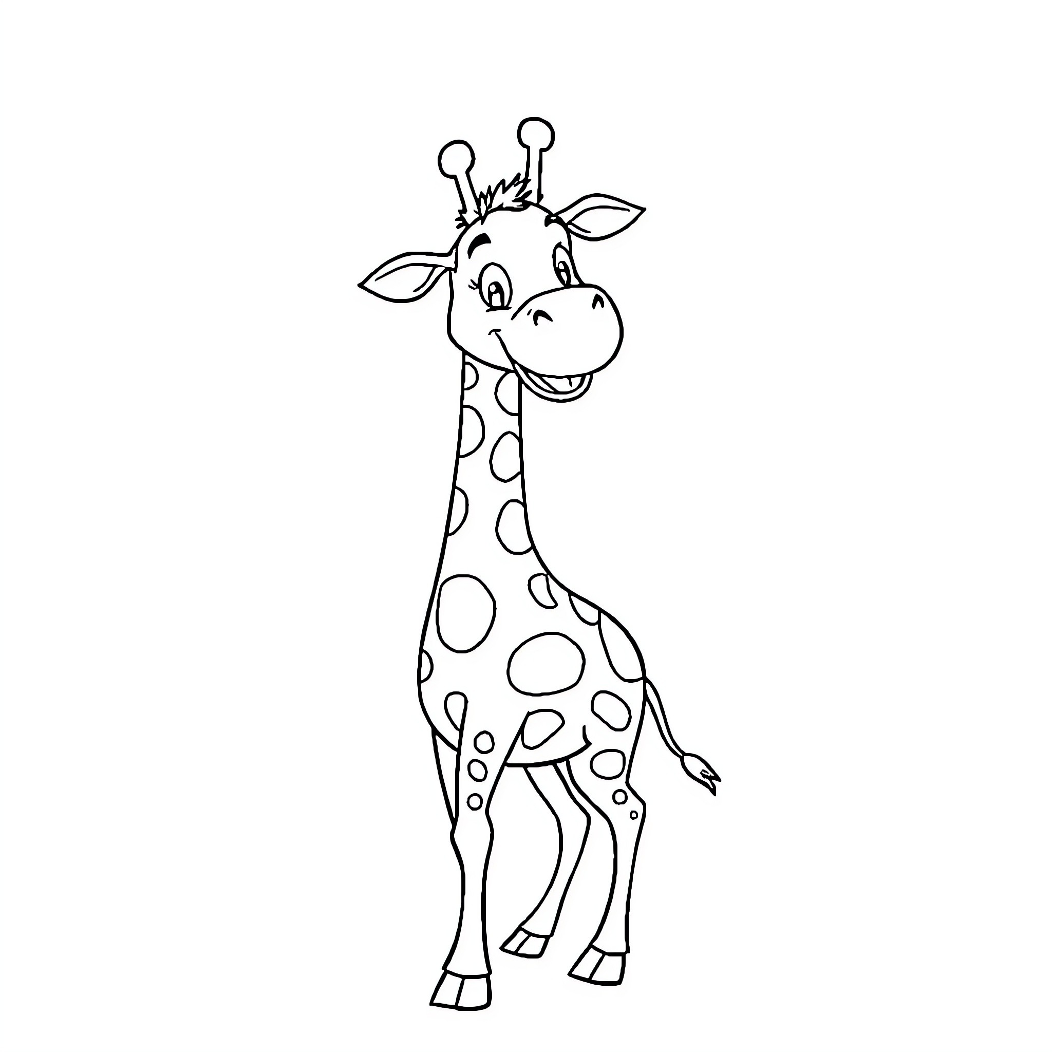 Giraffe with a cheerful expression Coloring Page (free black-and-white line drawing printable PDF for all, from beginners to advanced learners, including children, teens, adults, and seniors)