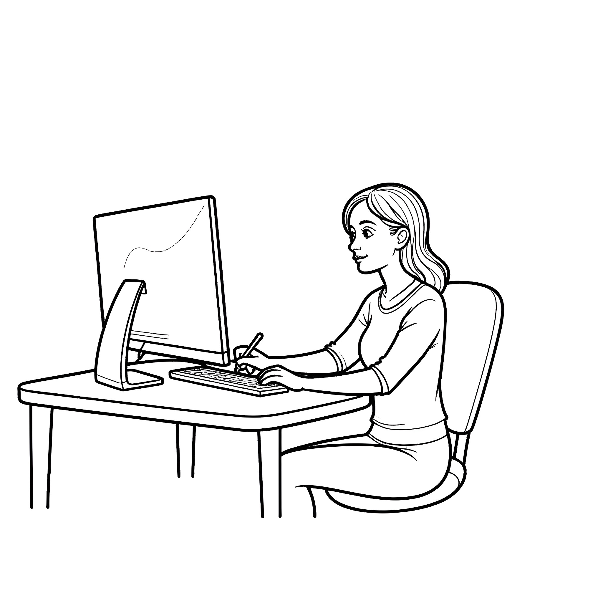 Sam working diligently on computer at desk Coloring Page (free black-and-white line drawing printable PDF for all, from beginners to advanced learners, including children, teens, adults, and seniors)