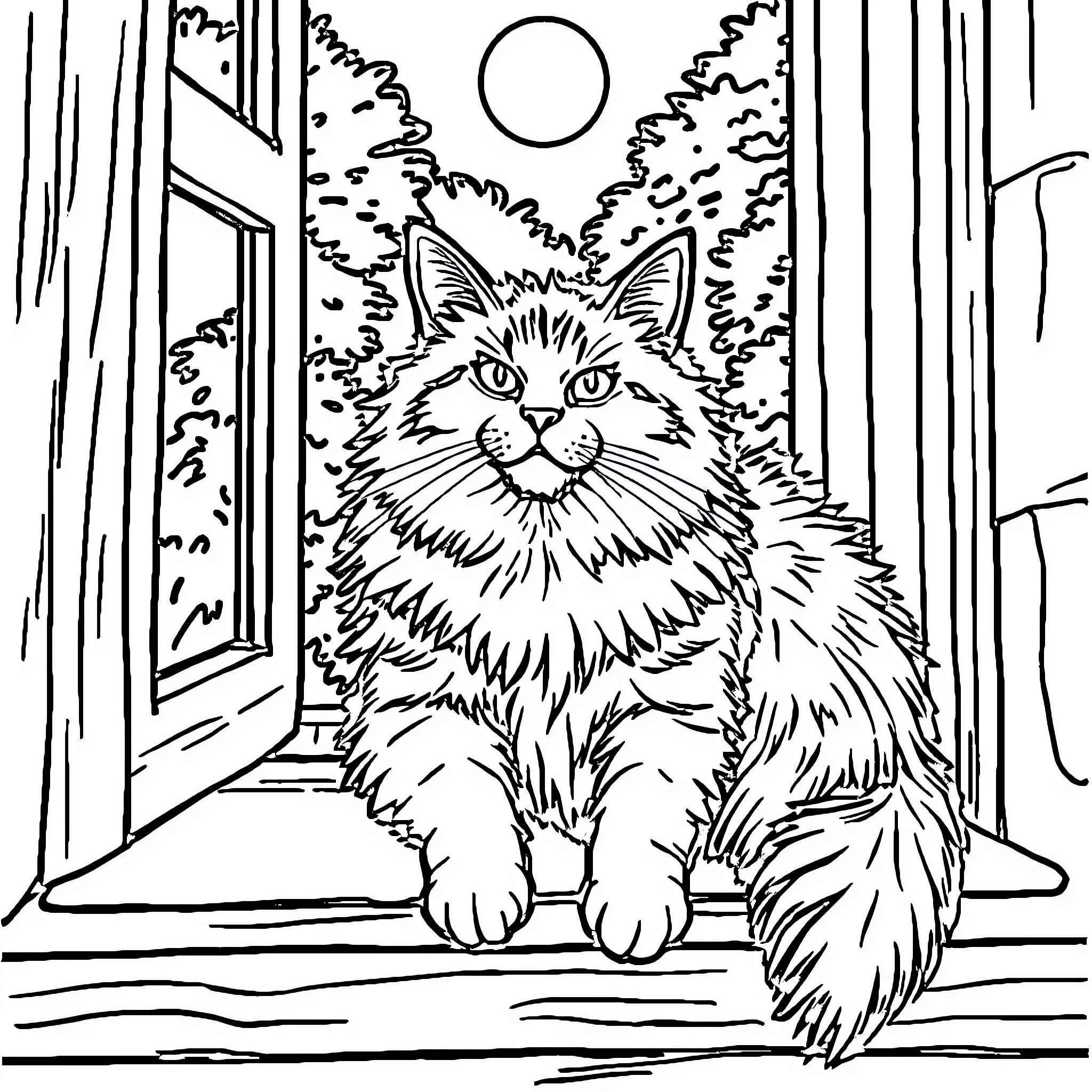 Cat gazing through window at night Coloring Page (free black-and-white line drawing printable PDF for all, from beginners to advanced learners, including children, teens, adults, and seniors)