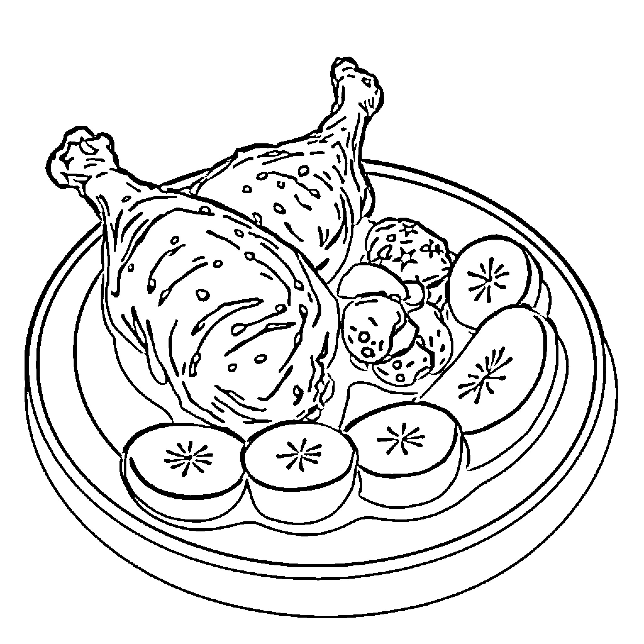 Chicken dish with assorted vegetables on a plate Coloring Page (free black-and-white line drawing printable PDF for all, from beginners to advanced learners, including children, teens, adults, and seniors)