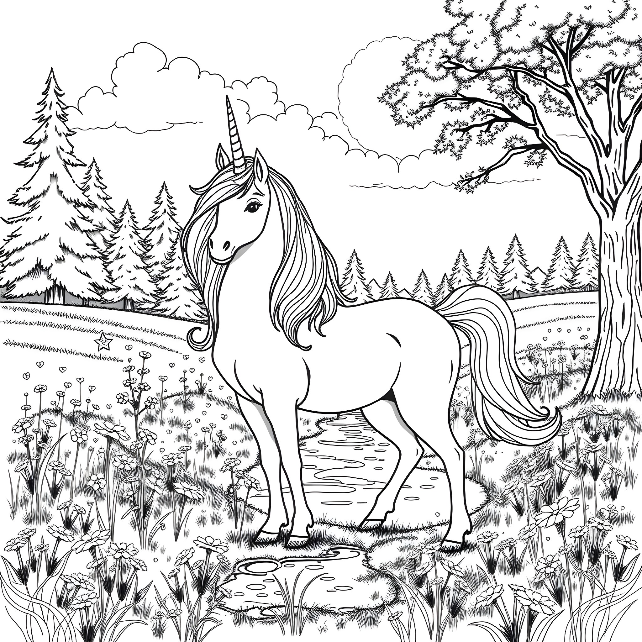 Ayla Unicorn in a Magical Forest Landscape Coloring Page (free black-and-white line drawing printable PDF for all, from beginners to advanced learners, including children, teens, adults, and seniors)
