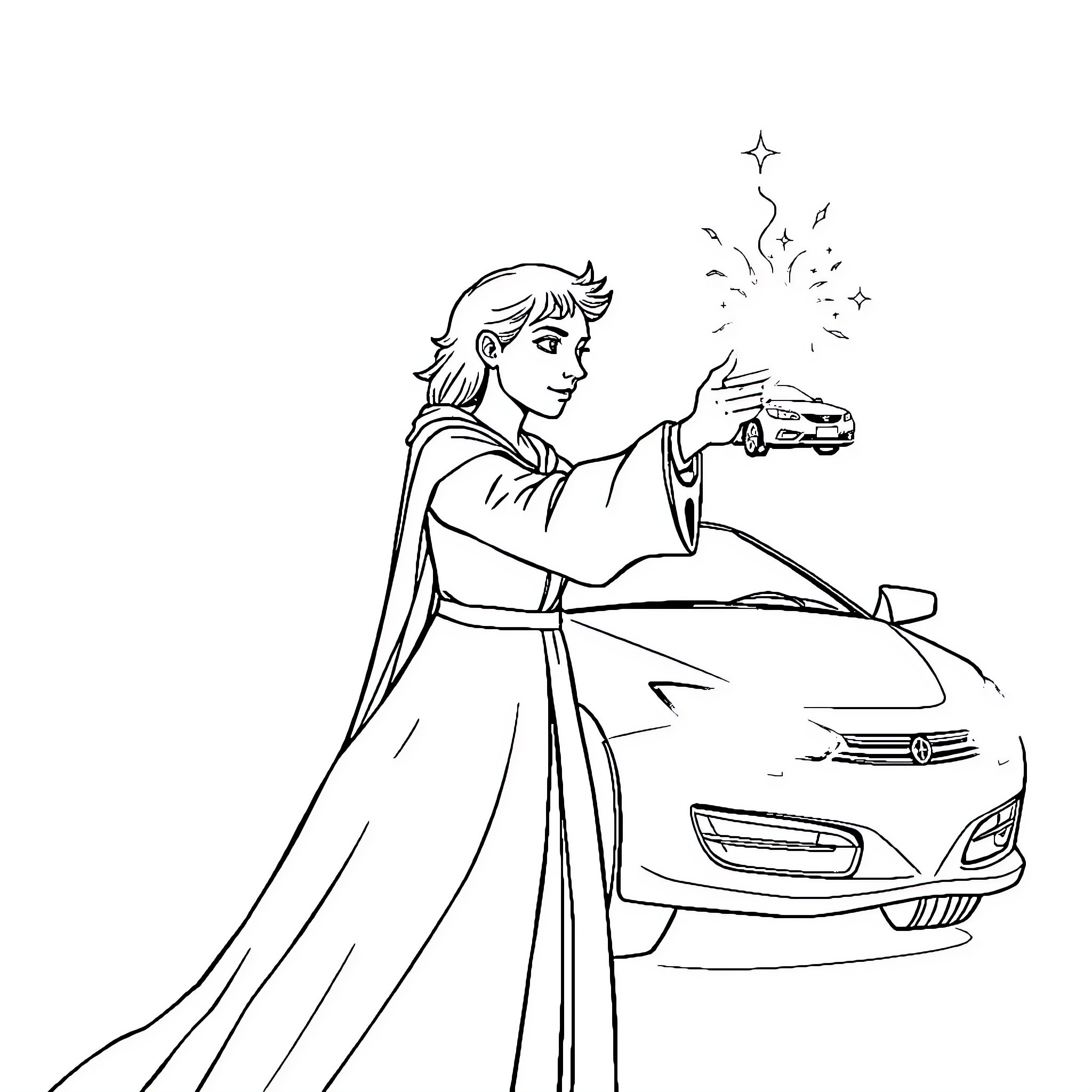 Duplicador creating magical effects on a car Coloring Page (free black-and-white line drawing printable PDF for all, from beginners to advanced learners, including children, teens, adults, and seniors)