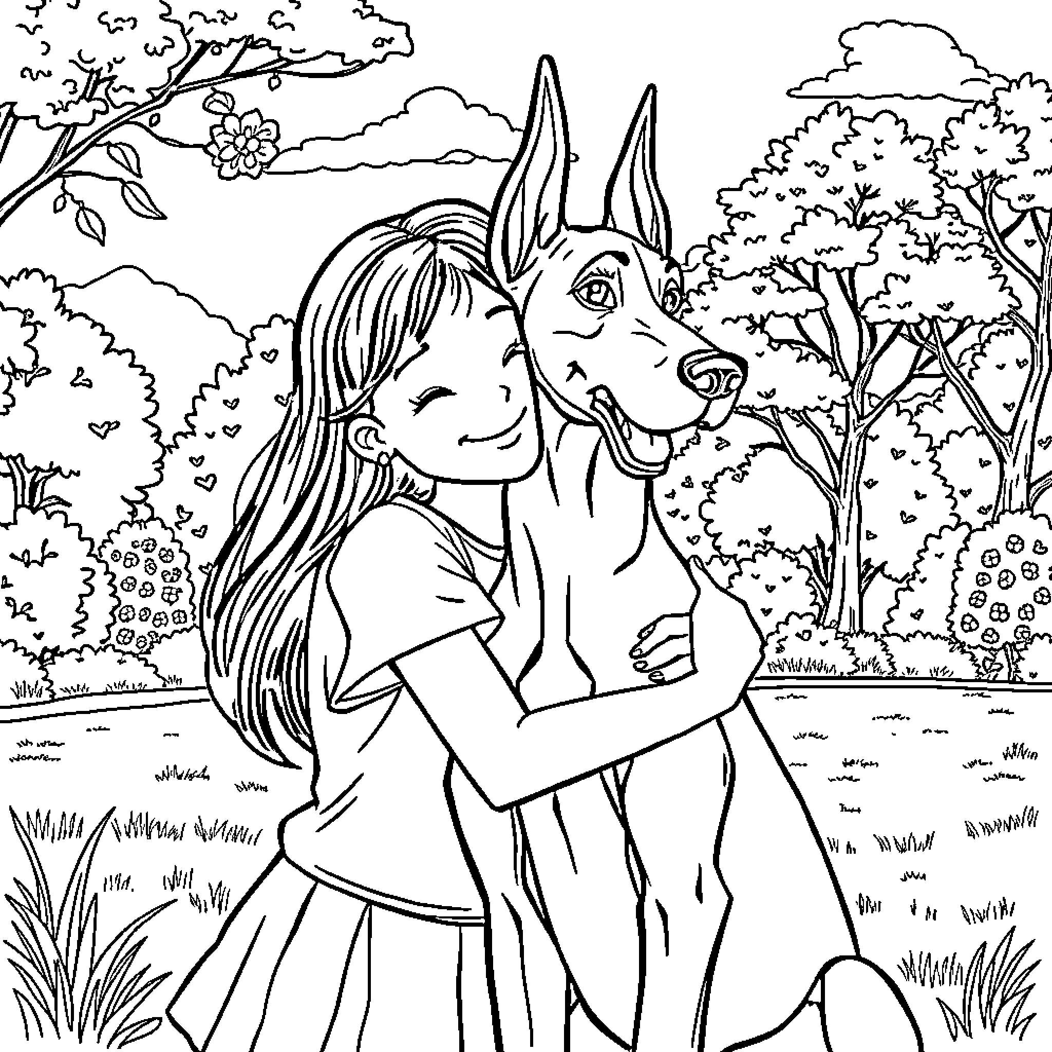 Girl hugging her pet donkey in the countryside Coloring Page (free black-and-white line drawing printable PDF for all, from beginners to advanced learners, including children, teens, adults, and seniors)
