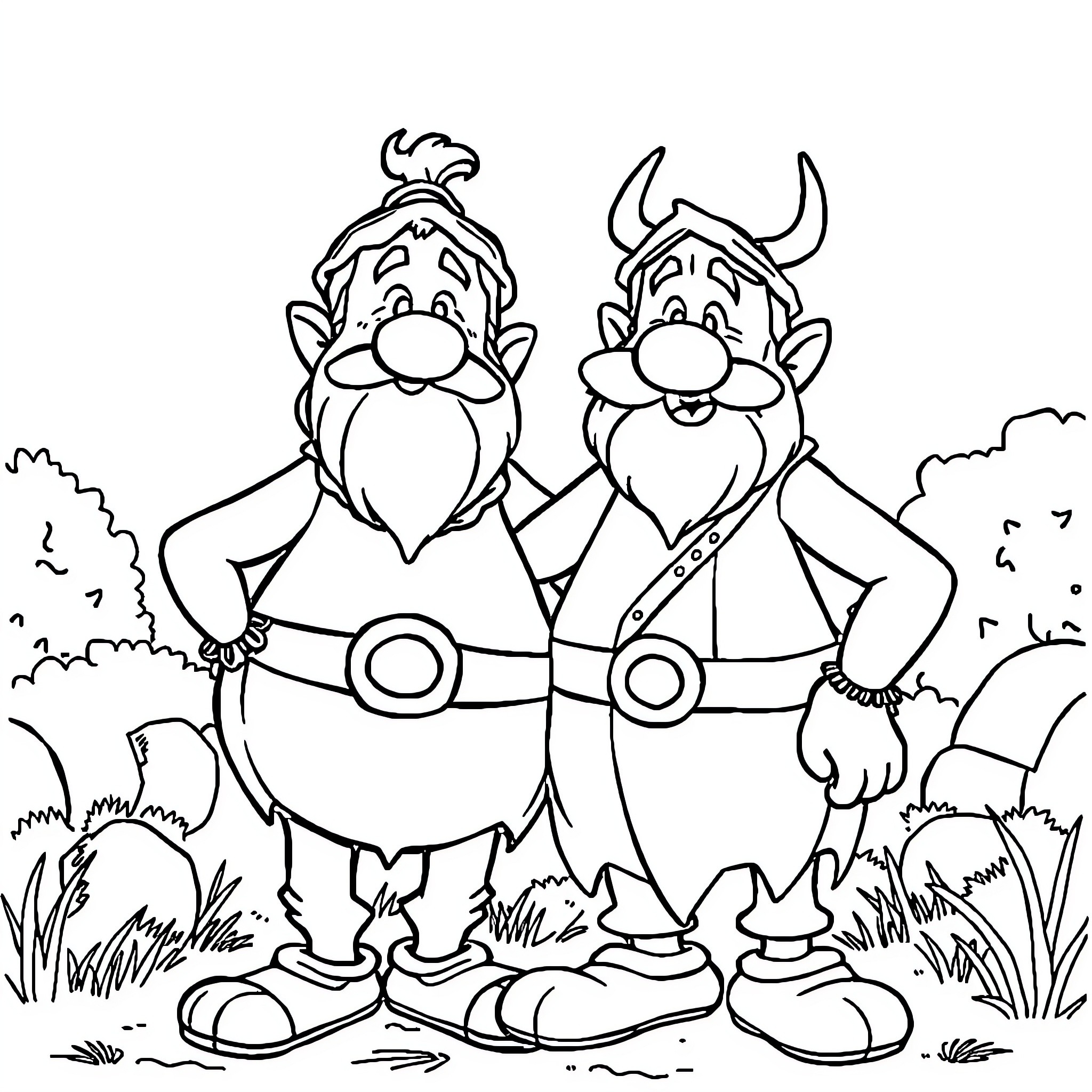 Asterix and Obelix: Mischievous Friends in a Vibrant Landscape Coloring Page (free black-and-white line drawing printable PDF for all, from beginners to advanced learners, including children, teens, adults, and seniors)