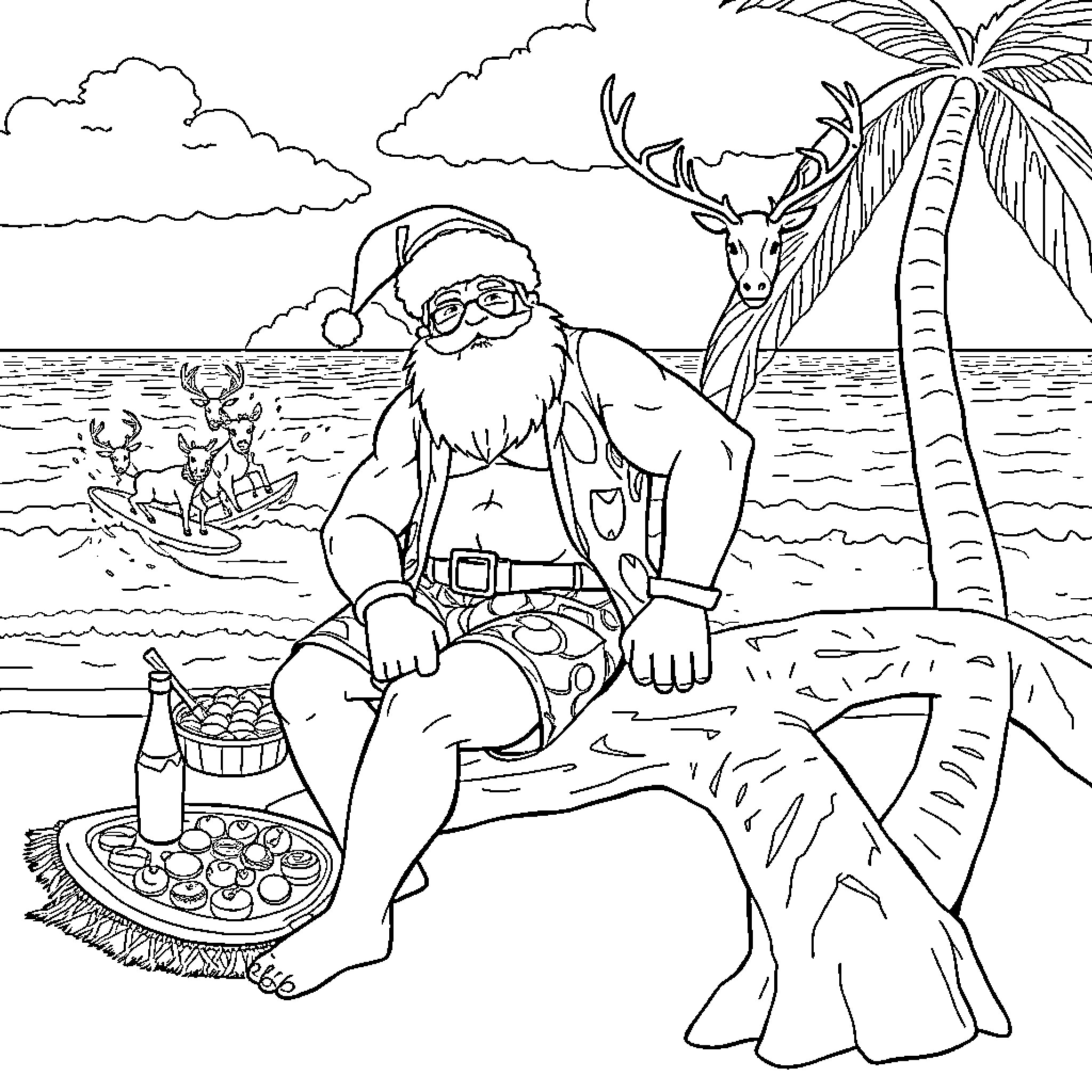 Santa relaxing on the tropical beach Coloring Page (free black-and-white line drawing printable PDF for all, from beginners to advanced learners, including children, teens, adults, and seniors)