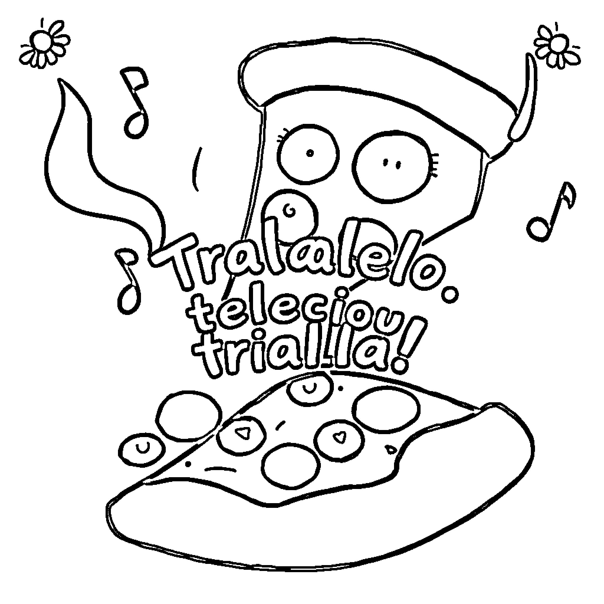 Pizza with silly character singing and dancing Coloring Page (free black-and-white line drawing printable PDF for all, from beginners to advanced learners, including children, teens, adults, and seniors)