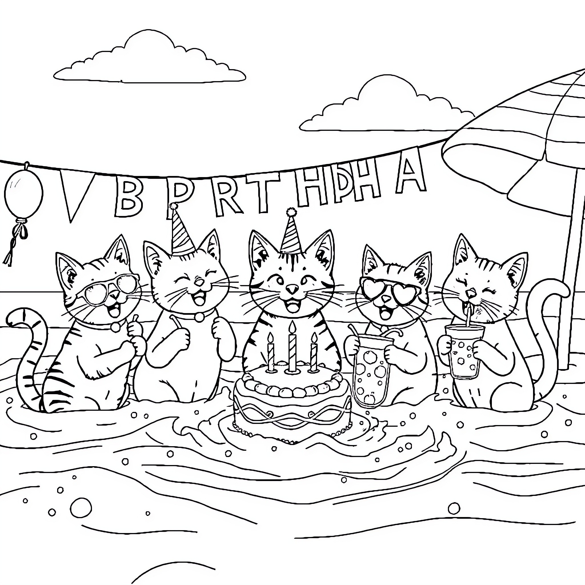 Cats celebrating birthday party Coloring Page (free black-and-white line drawing printable PDF for all, from beginners to advanced learners, including children, teens, adults, and seniors)