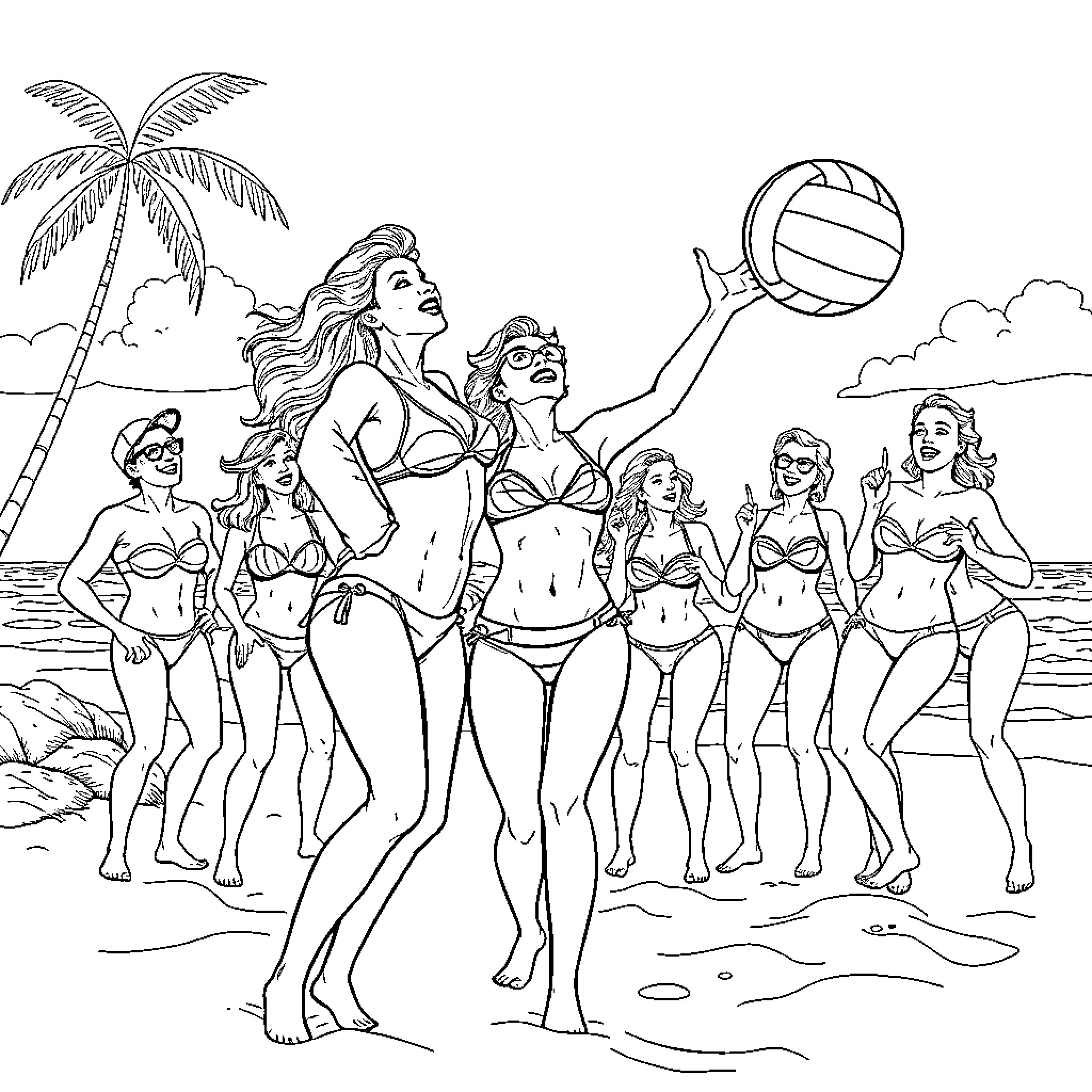 Carmen Electra and friends enjoying a beach volleyball game Coloring Page (free black-and-white line drawing printable PDF for all, from beginners to advanced learners, including children, teens, adults, and seniors)