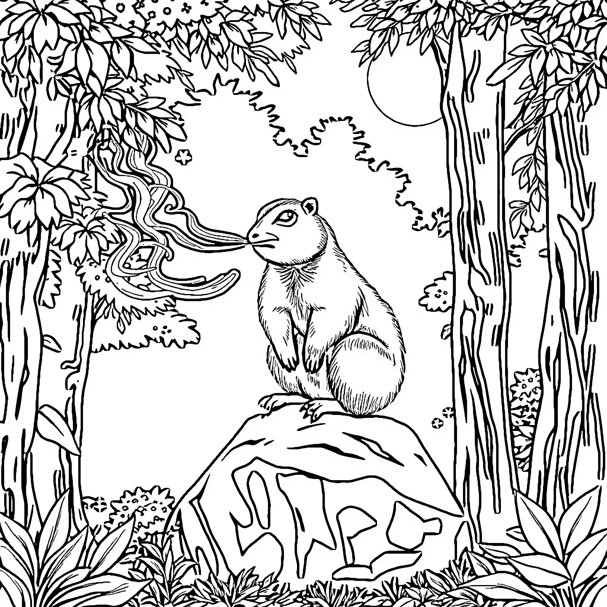 Capybara exploring the lush forest landscape Coloring Page (free black-and-white line drawing printable PDF for all, from beginners to advanced learners, including children, teens, adults, and seniors)