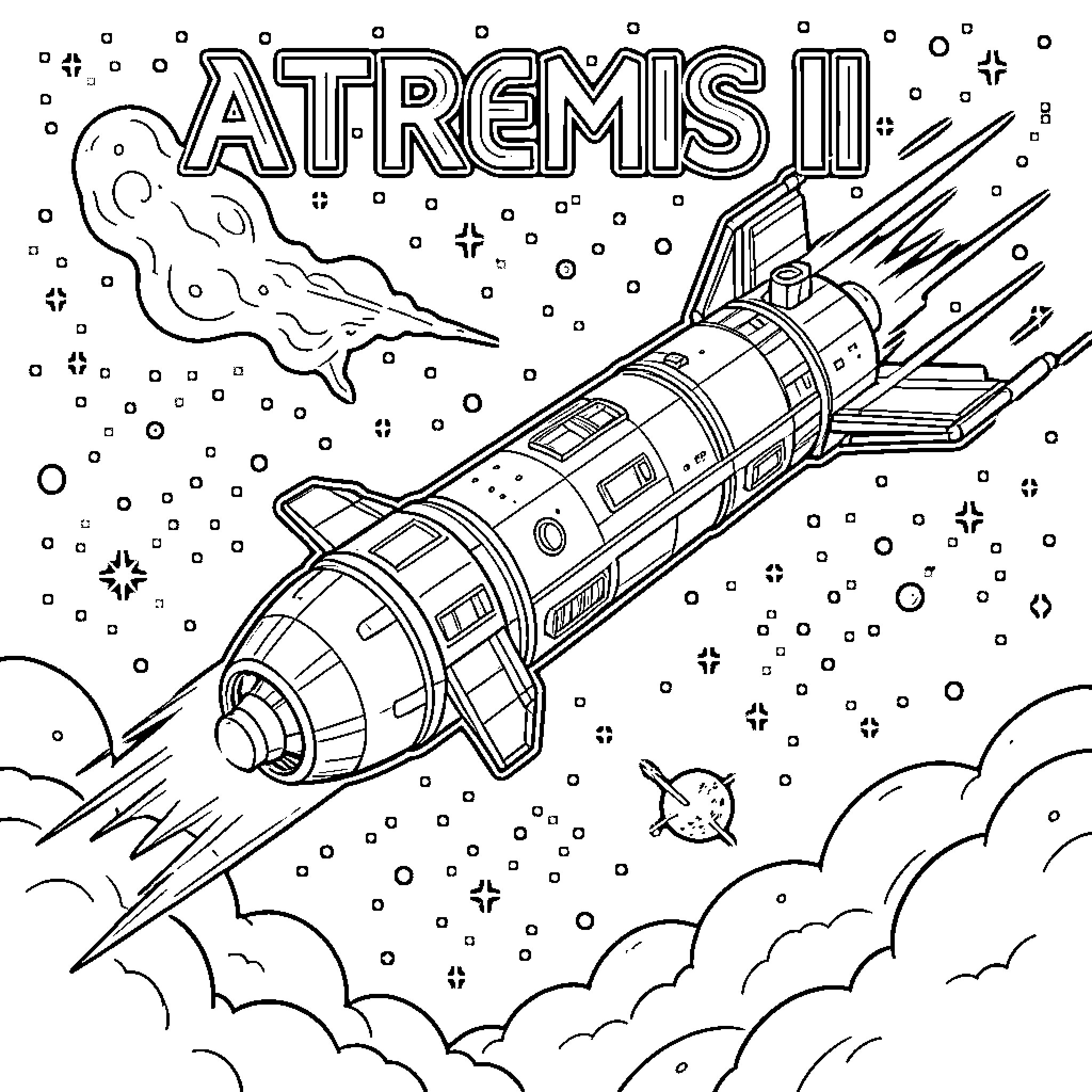 Artemis II: Spacecraft soaring through cosmic clouds Coloring Page (free black-and-white line drawing printable PDF for all, from beginners to advanced learners, including children, teens, adults, and seniors)