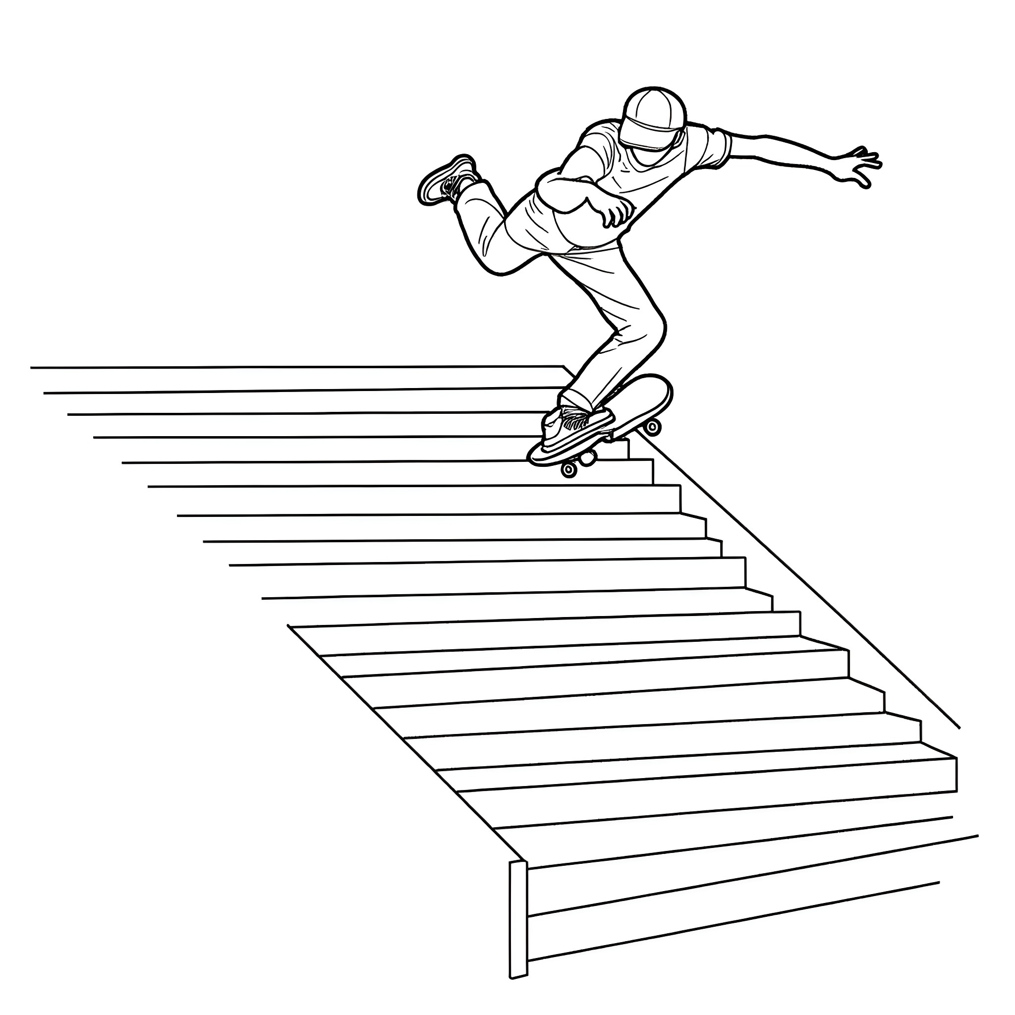 Skateboarder performing trick on stairs Coloring Page (free black-and-white line drawing printable PDF for all, from beginners to advanced learners, including children, teens, adults, and seniors)