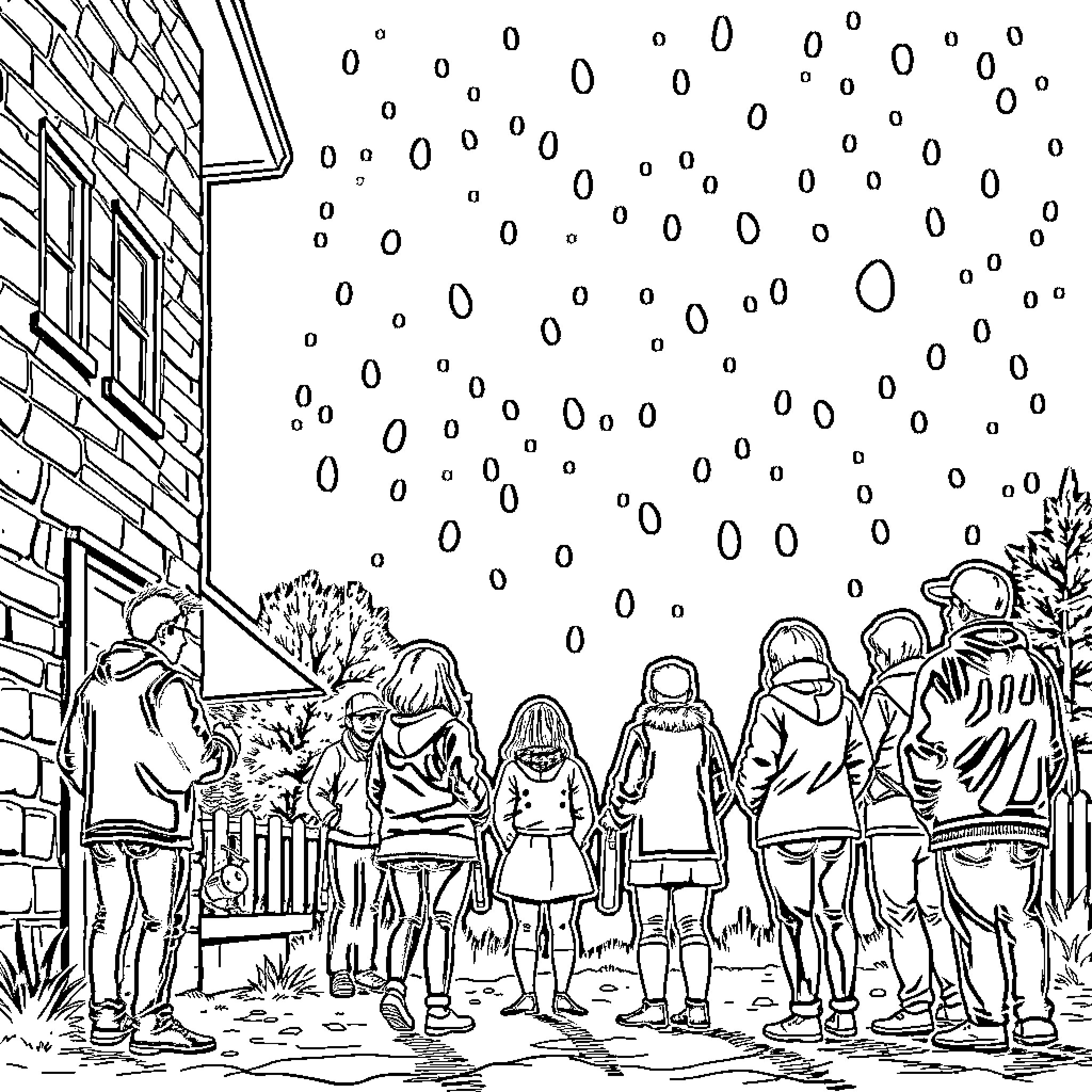Person in snowy winter scene with group of people Coloring Page (free black-and-white line drawing printable PDF for all, from beginners to advanced learners, including children, teens, adults, and seniors)