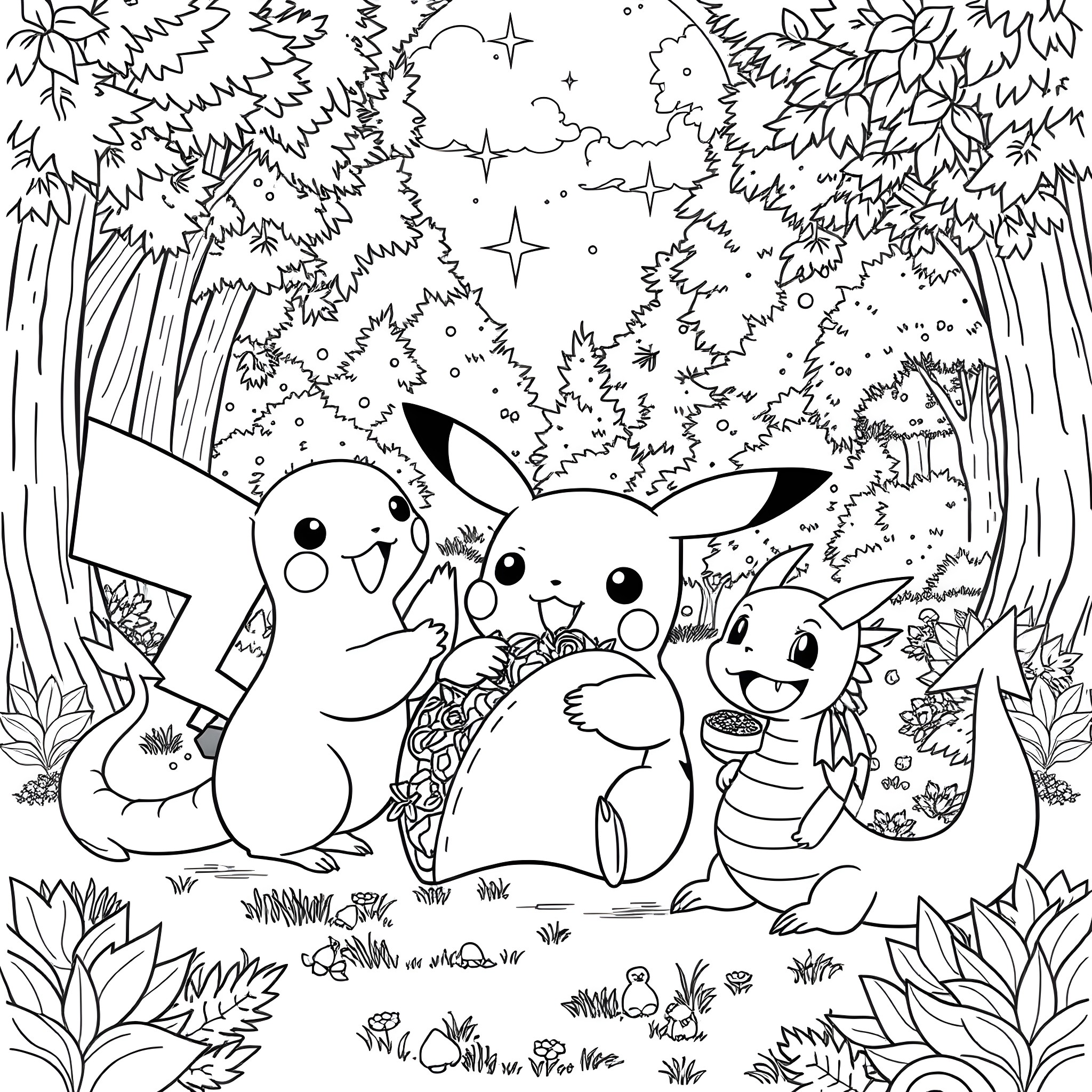 Pikachu and friends exploring the enchanted forest Coloring Page (free black-and-white line drawing printable PDF for all, from beginners to advanced learners, including children, teens, adults, and seniors)